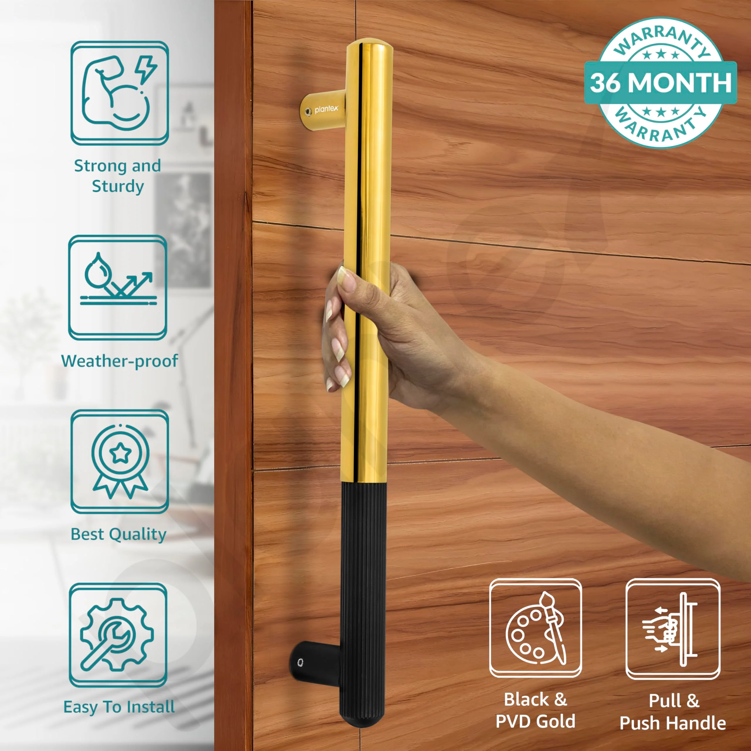 Plantex 14 Inch Main Door Handle, Stainless Steel & Aluminium, Pull-Push, Black & Gold - Image 2