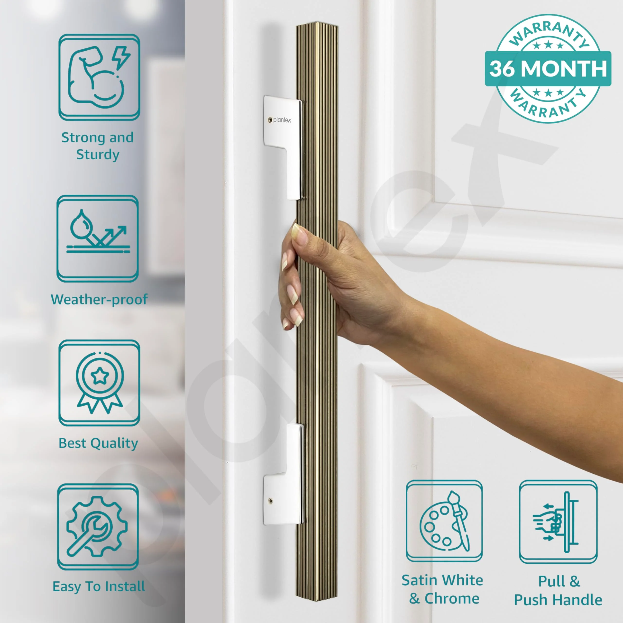 Plantex 17 Inch Main Door Handle for Wooden Doors - Pull-Push Handle Accessories (Pack of 1, Satin White, Chrome) - Image 2