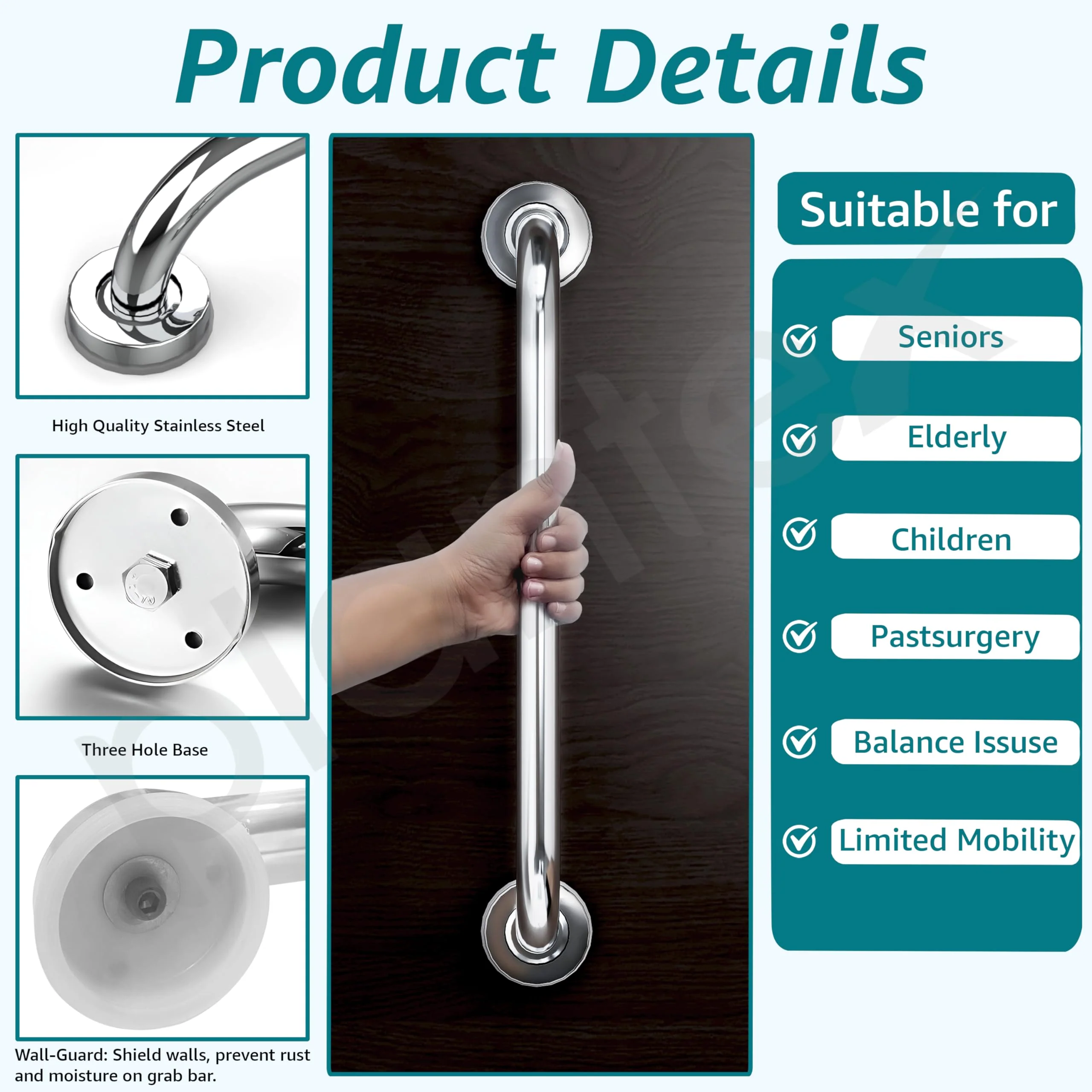 Plantex 18 Inch Stainless Steel Grab Bar for Toilet/Safety Support for Senior Citizens/Secure Bathroom Handrail/Bathroom Accessories (Chrome) - Image 3