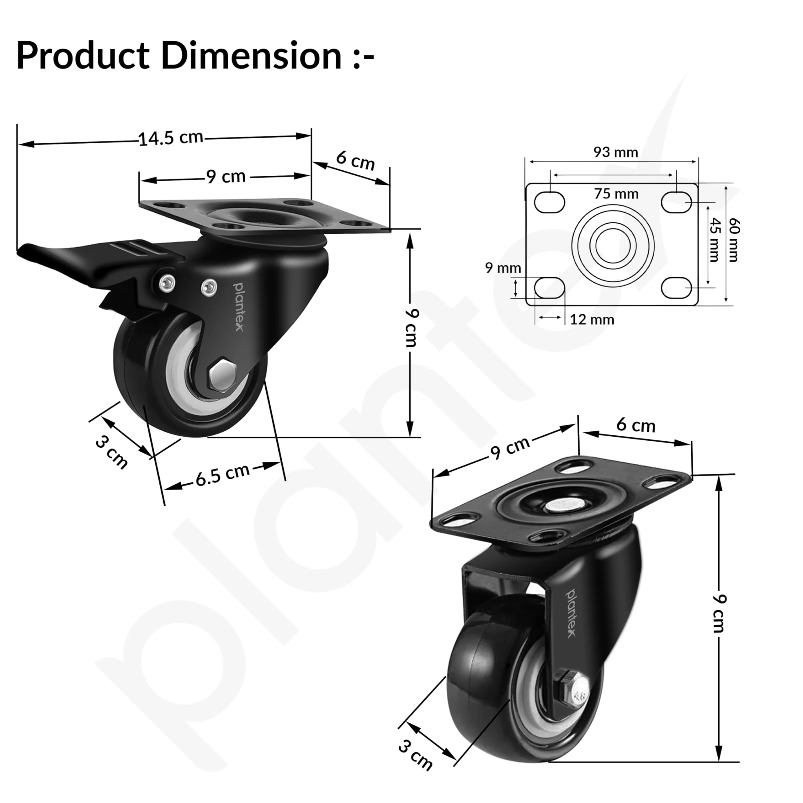 Plantex 2 .5 Inch Caster Wheel/Heavy Duty Soft PU Swivel Caster Wheels with 360 Rotation and No Noise/Wheels for Heavy Furniture/Trolley Cart/Table - Set of 4 (Black) - (2 with Brakes & 2 Without) - Image 3