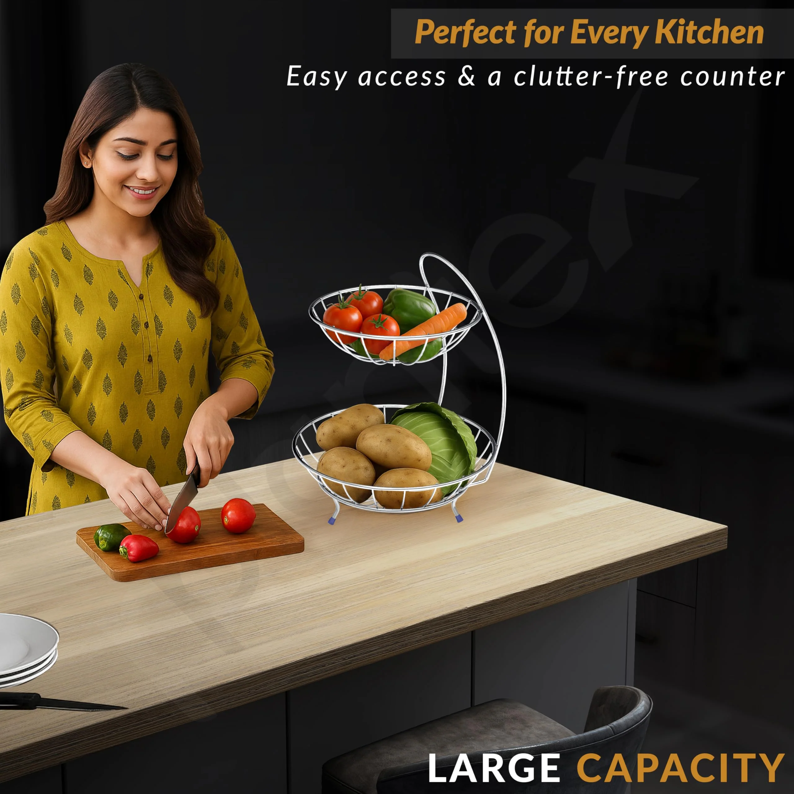 Plantex 2-Tier Fruit bowl for Dining Table/Stainless Steel Fruit Storage Basket For Dining Table/Vegetable Stand for Kitchen(Chrome Finish) - Image 7