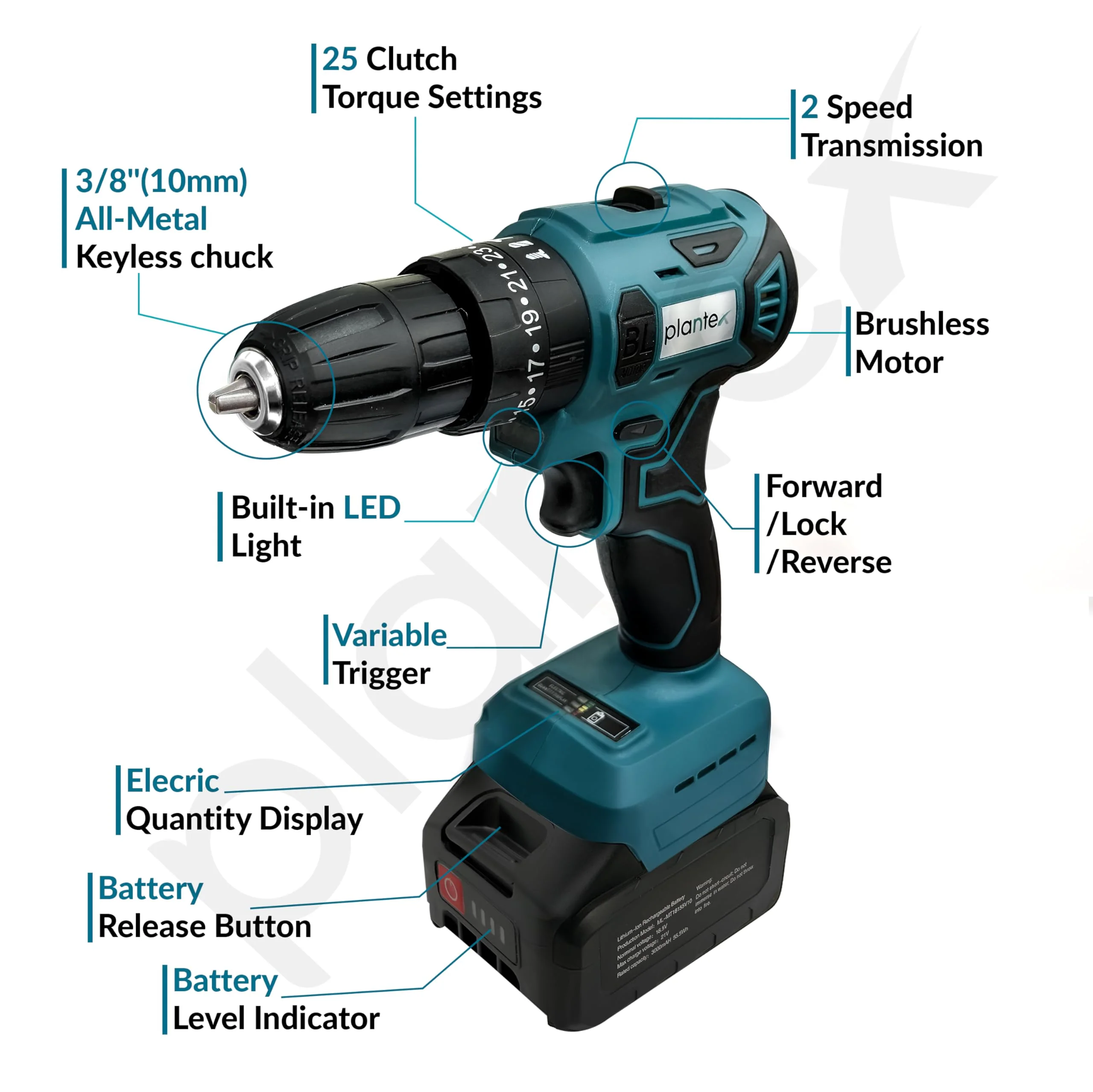 Plantex 21V Cordless Impact Drill Machine with battery & charger/Screwdriver/10mm Keyless Chuck/Torque 1500 RPM/Reversible Variable Speed for Walls Woods Metal - (Blue & Black) - Image 2