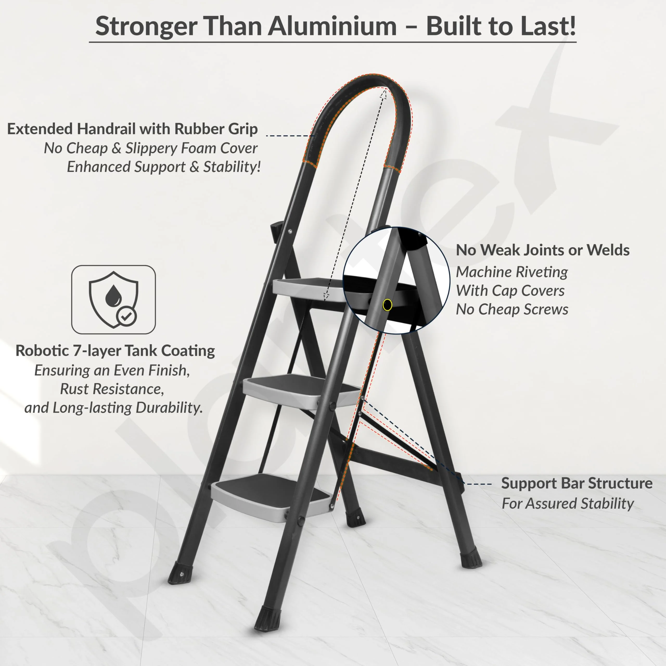 Plantex 3 Step Ladder for Home - Foldable Steel 3 Step Ladder-Wide Anti Skid Steps - Space-Saving (Grey & White) - Image 4