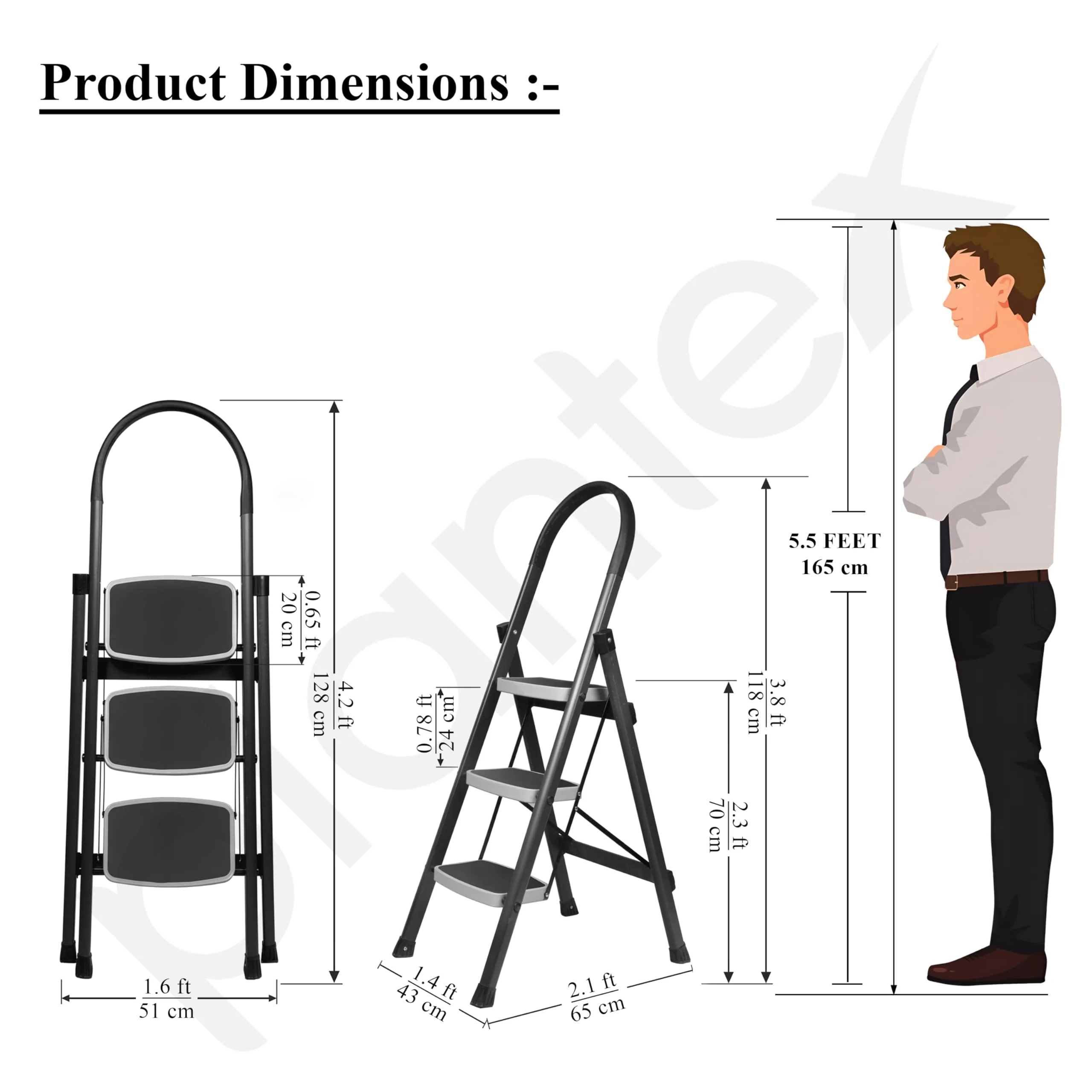 Plantex 3 Step Ladder for Home - Foldable Steel 3 Step Ladder-Wide Anti Skid Steps - Space-Saving (Grey & White) - Image 5