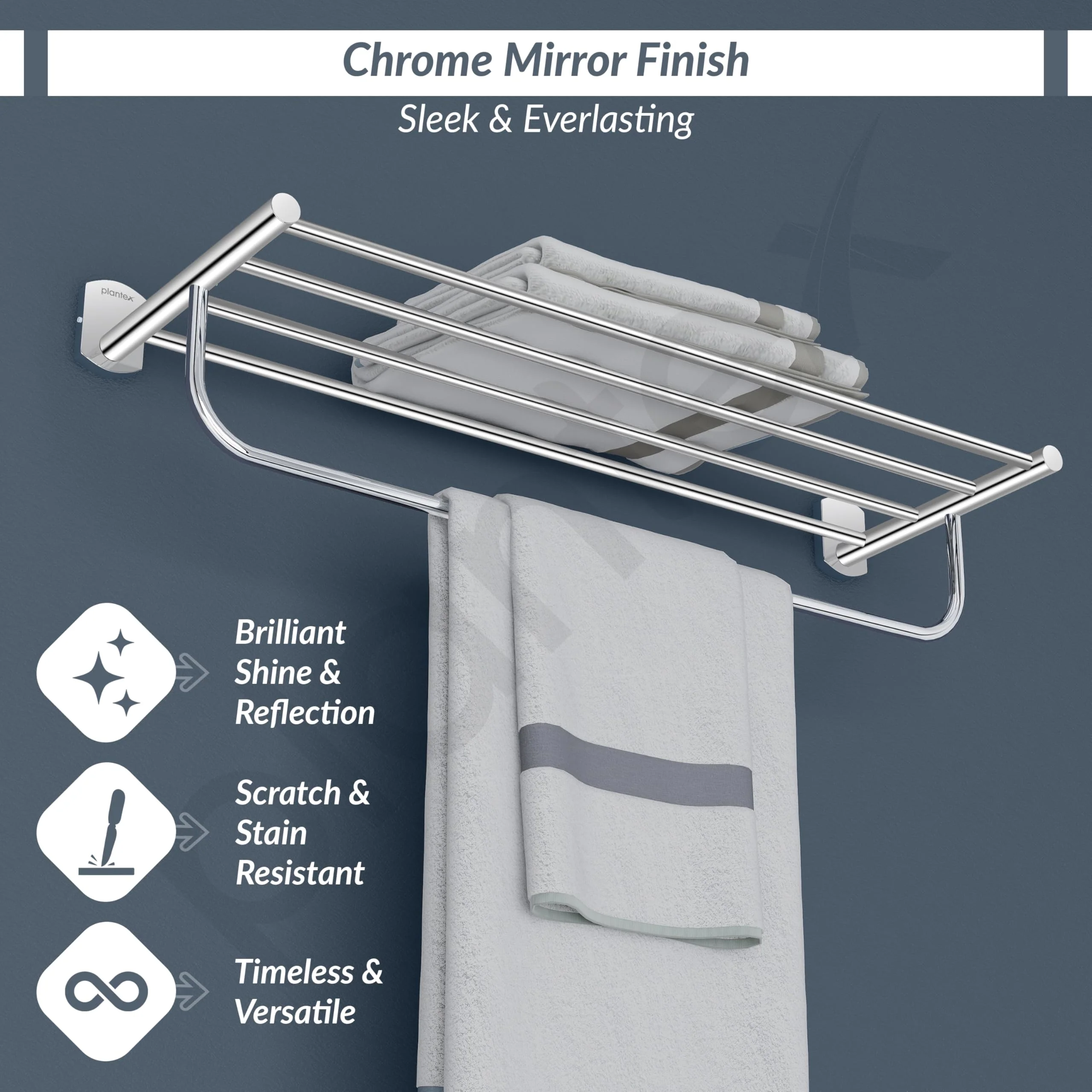 Plantex 304 Grade Stainless Steel 24 inch Towel Rack/Towel Stand/Towel Bar/Towel Hanger for Bathroom/Bathroom Accessories - Parv (Chrome) - Image 3