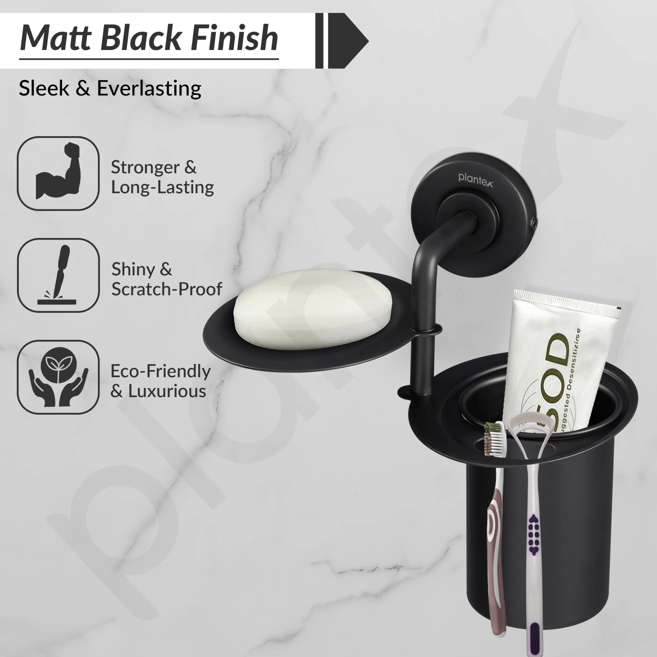 Plantex 304 Grade Stainless Steel 2in1 Soap Holder with Tumbler Holder/Bathroom Accessories - Daizy (Black) - Image 3