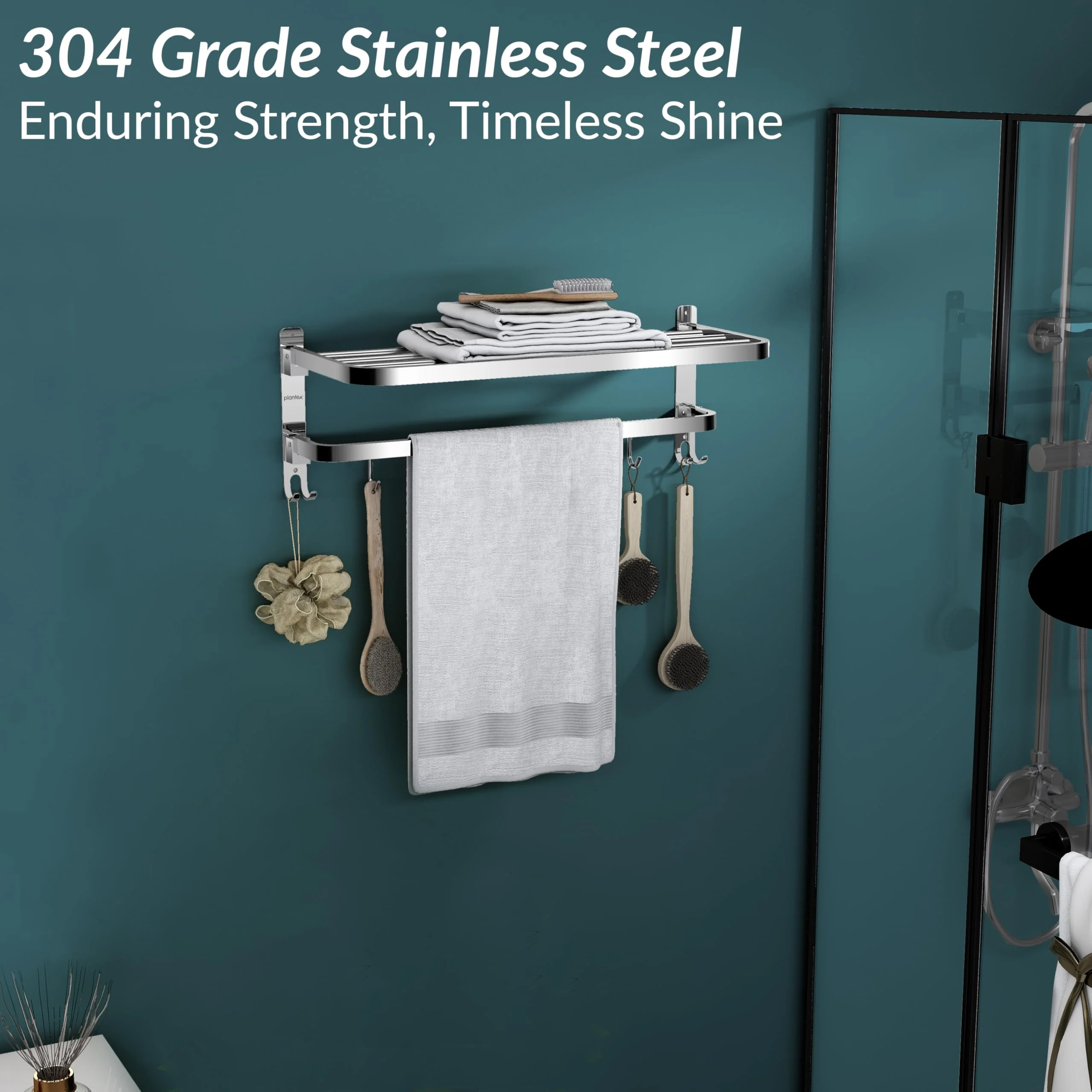 Plantex 304 Grade Stainless Steel Foldable Towel Rack in Bathroom/Cloth Hanger for Bathroom/Towel Rod with Hooks/Bathroom Accessories (18 Inch) Chrome - Image 3