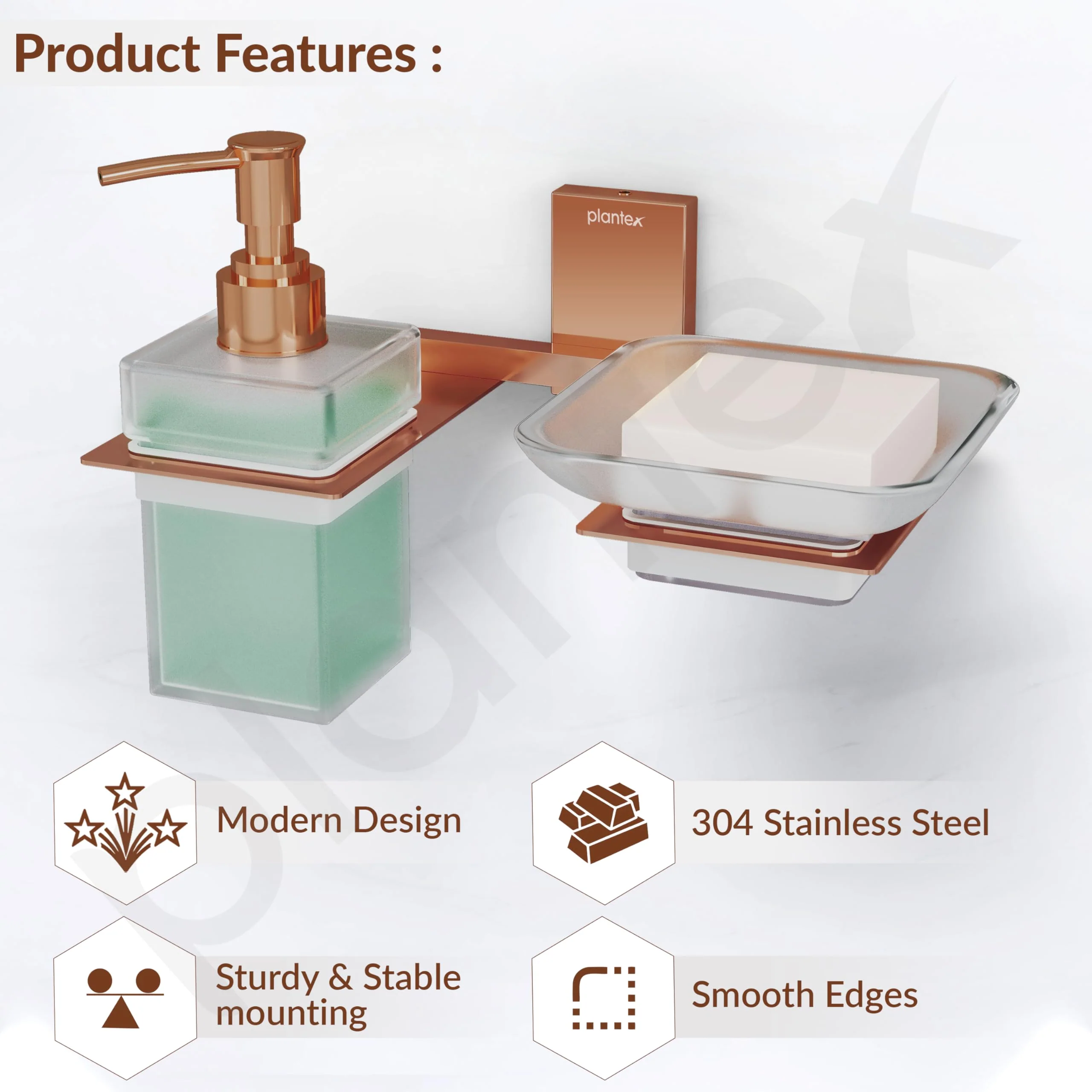 Plantex 304 Grade Stainless Steel Glass Soap Dish with Liquid Dispenser for Bathroom/Soap Stand/Glass Shampoo Dispenser/Bathroom Accessories - Pack of 1 (Crystal, PVD Rose Gold) - Image 2
