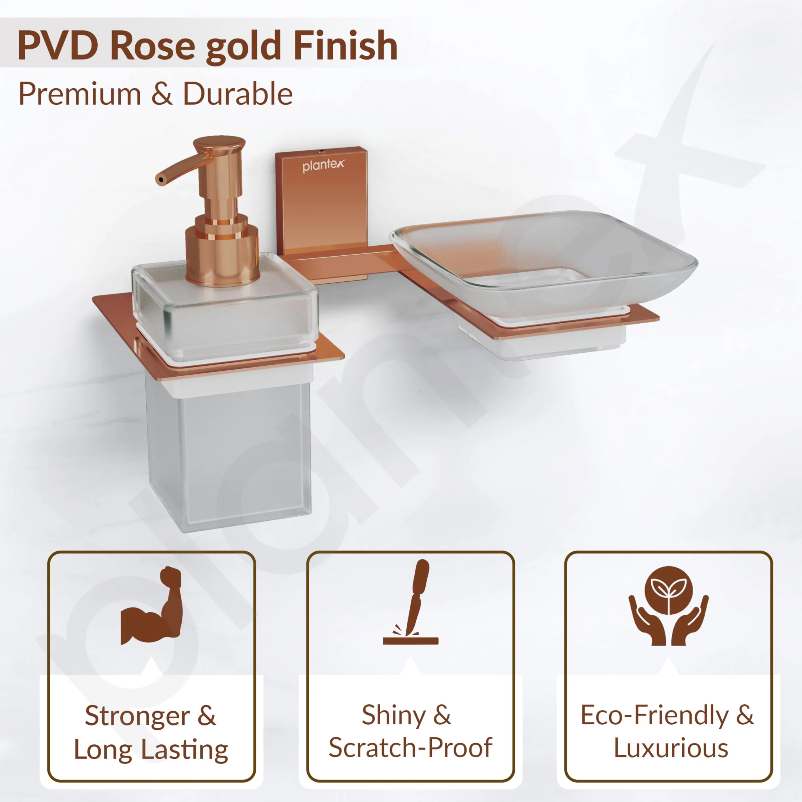 Plantex 304 Grade Stainless Steel Glass Soap Dish with Liquid Dispenser for Bathroom/Soap Stand/Glass Shampoo Dispenser/Bathroom Accessories - Pack of 1 (Crystal, PVD Rose Gold) - Image 5