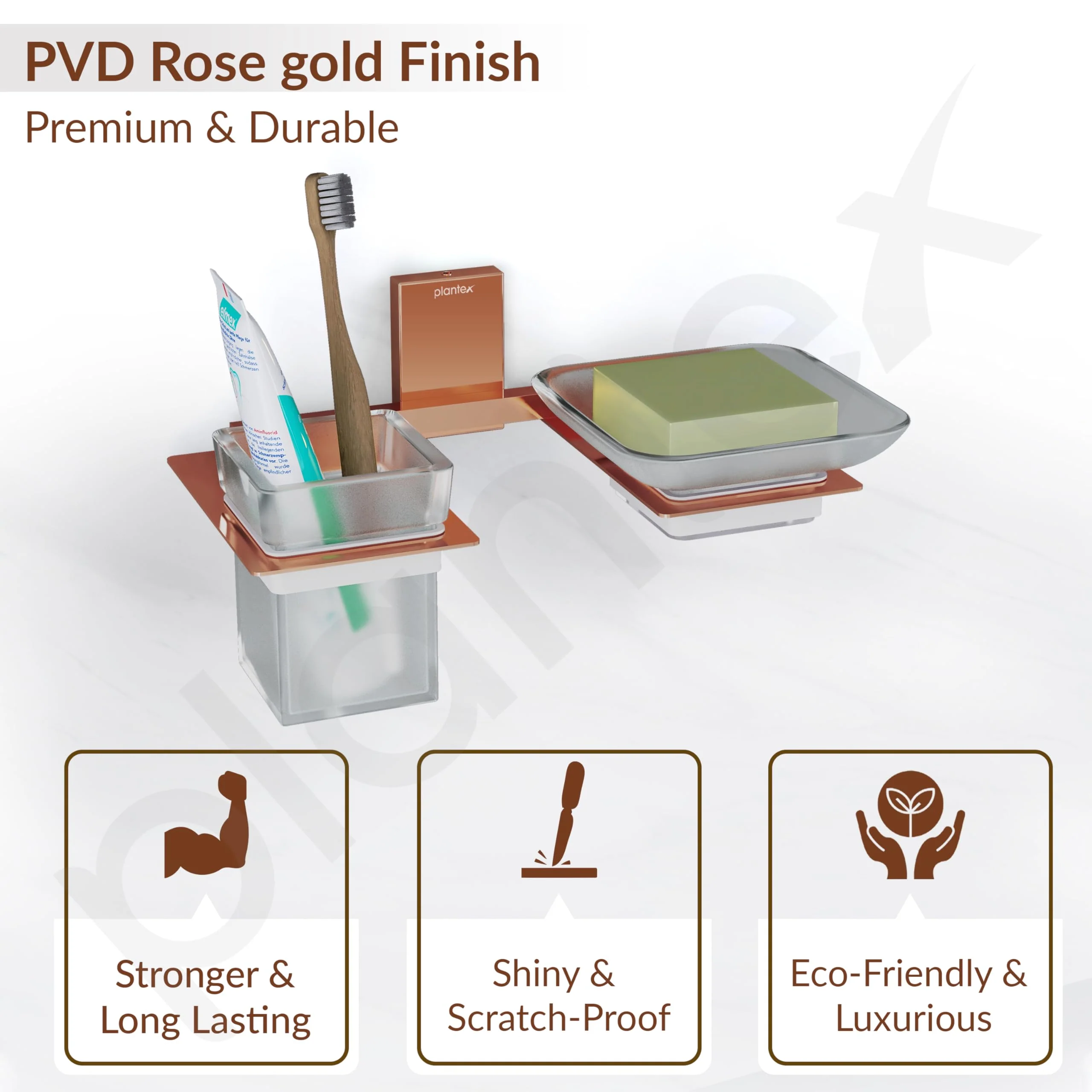 Plantex 304 Grade Stainless Steel Glass Soap Dish with Tumbler Holder/Soap Stand/Glass Toothbrush Holder/Bathroom Accessories - Crystal(PVD Rose Gold) - Image 5