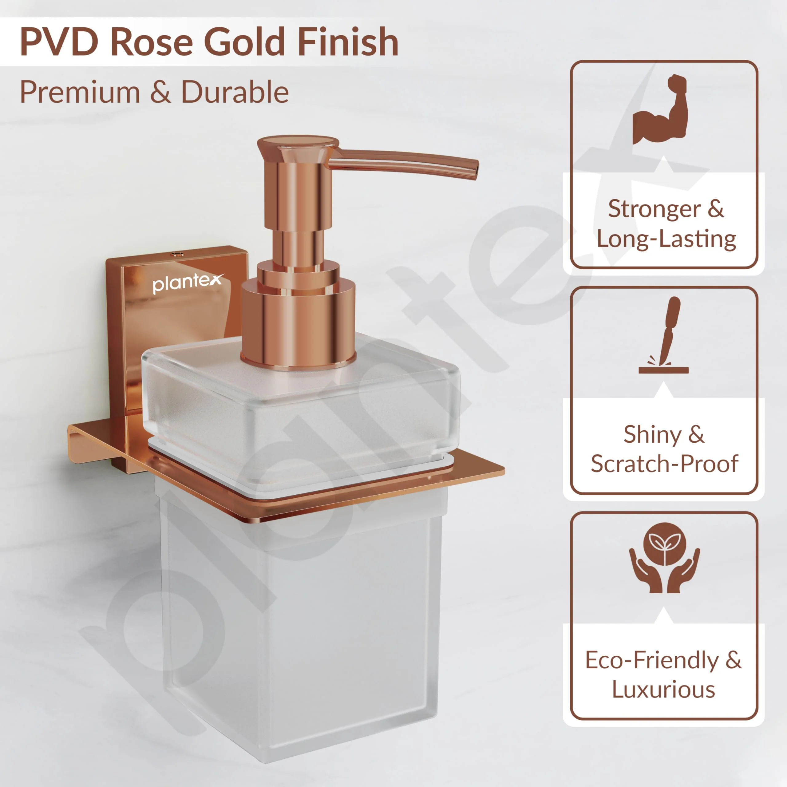 Plantex 304 Grade Stainless Steel Liquid Soap Dispenser for Bathroom/Frosted Glass Liquid Shampoo Dispenser/Hand wash Dispenser/Bathroom Accessories - Pack of 1 (Crystal, PVD Rose Gold) - Image 5