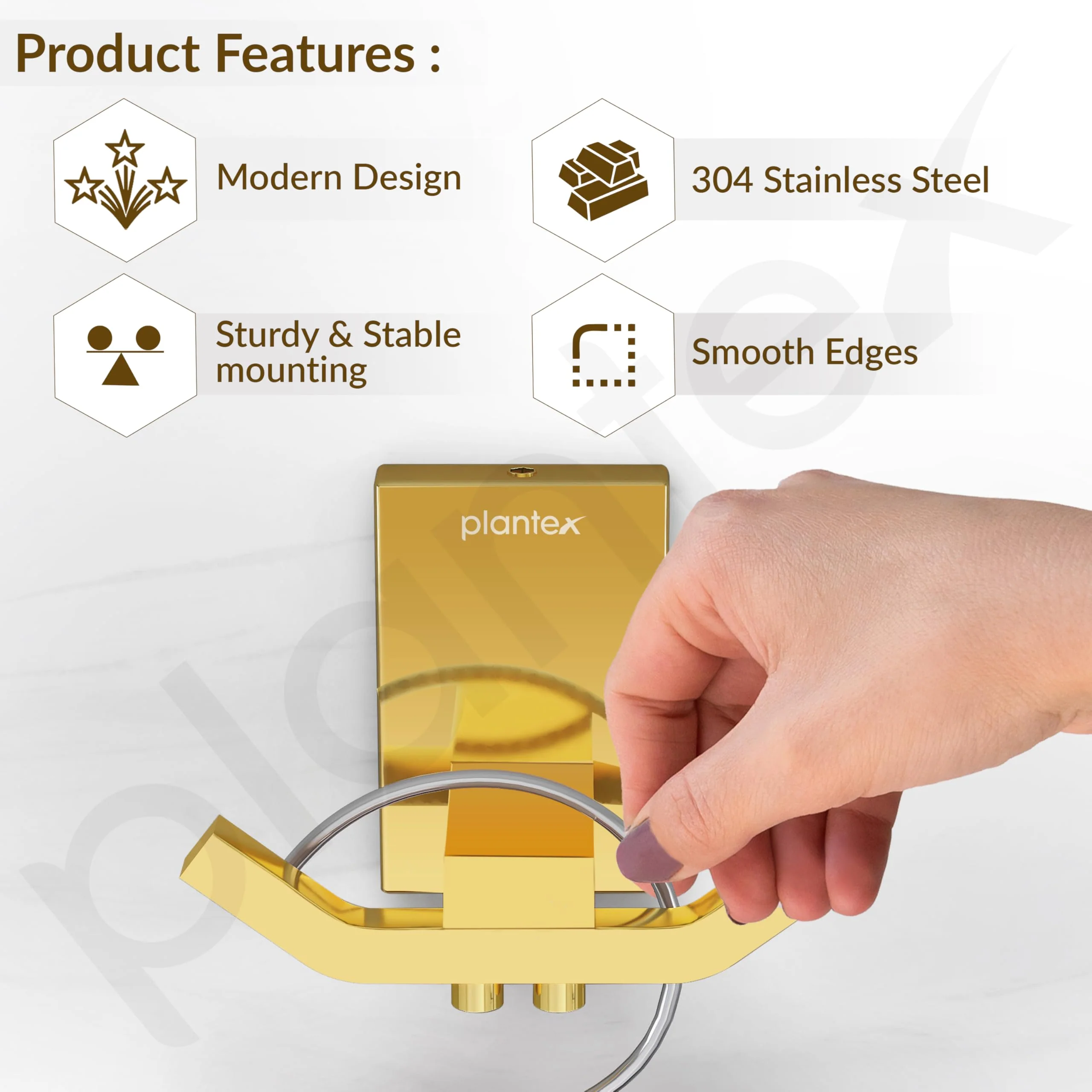 Plantex 304 Grade Stainless Steel Robe Hook/Cloth Towel Hanger/Door Hanger Hook/Bathroom Accessories - Pack of 1 (Crystal, PVD Gold) - Image 2