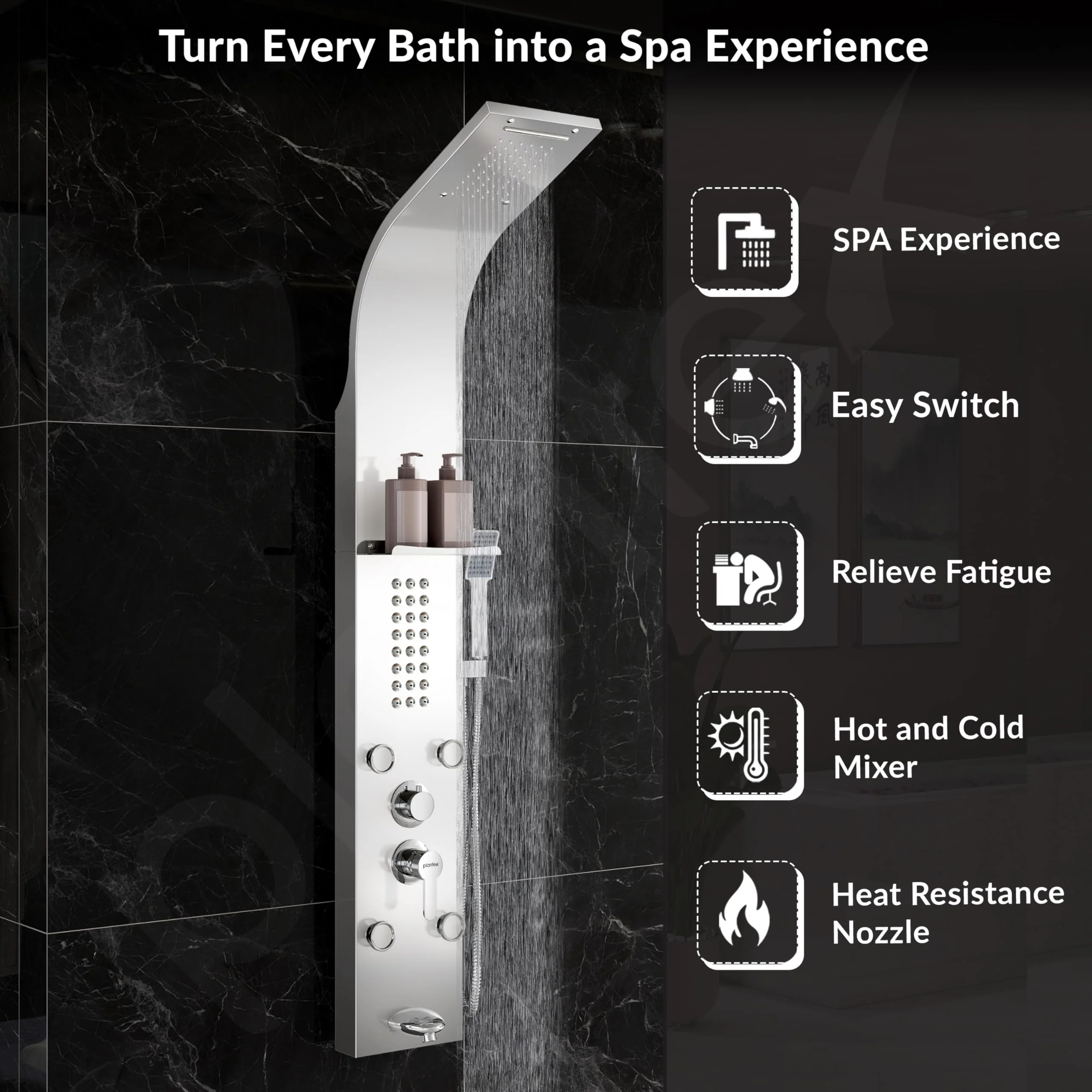 Plantex 304 Grade Stainless Steel Shower Panel/6 in 1 Shower System/Handshower with Waterfall Outlet/Tub Spout/Body Massage Spray With Hot &cold Mixer- (1015, Chrome) - Image 6