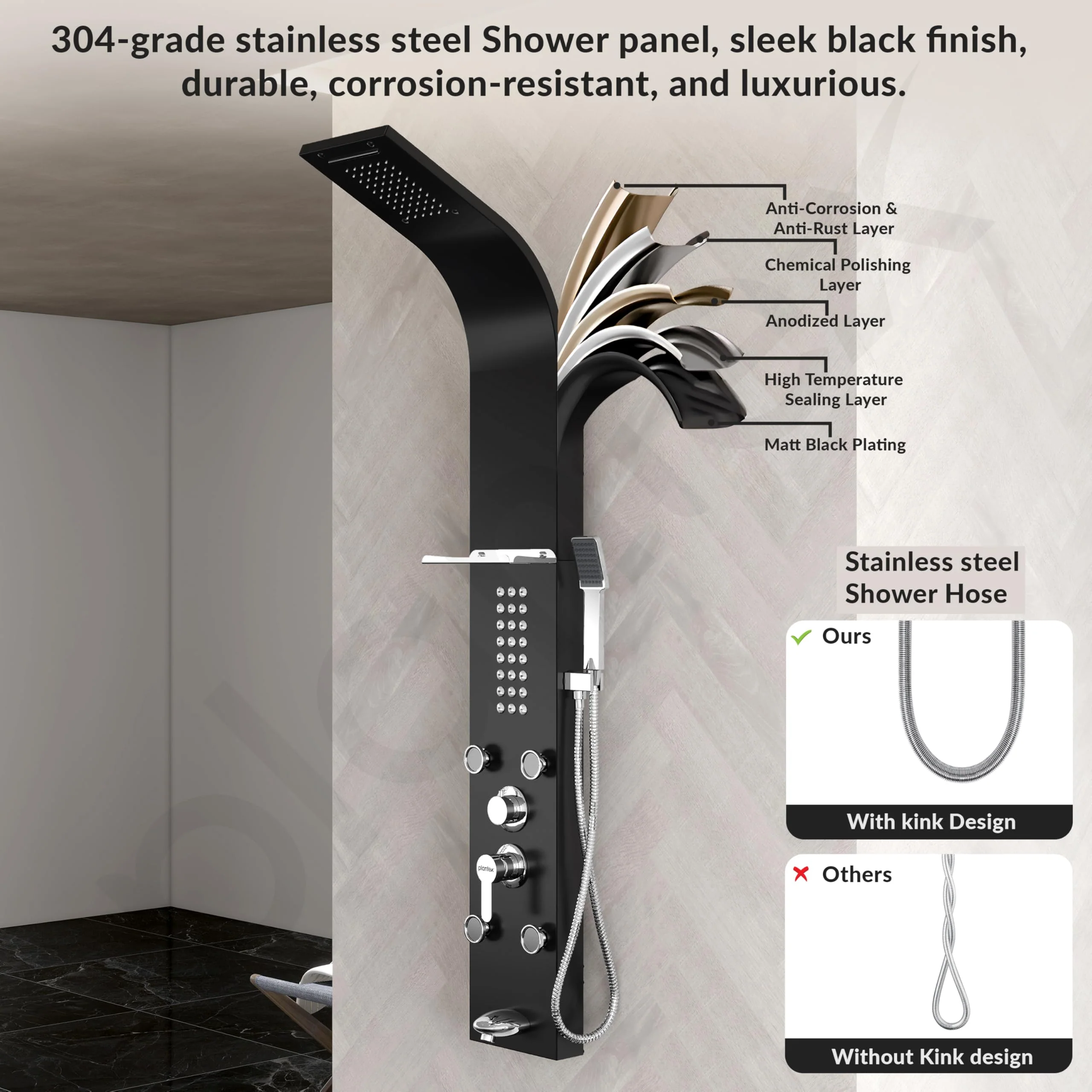 Plantex 304 Grade Stainless Steel Shower Panel/6 in 1 Shower System/Rainfall Showerhead with Handshower for Bathroom/Tub Spout/Body Massage Spray With Hot &cold Mixer-(1016, Black) - Image 2