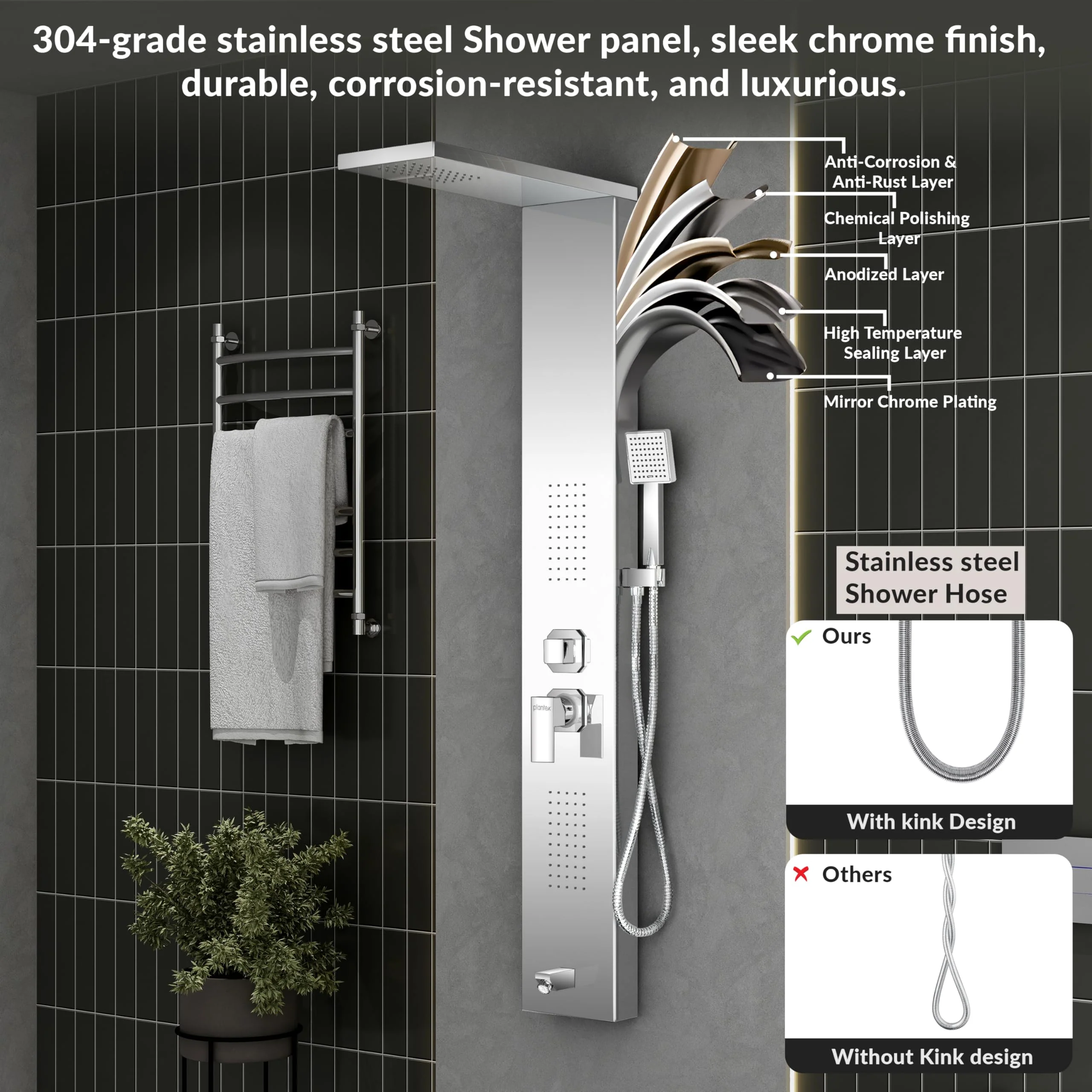 Plantex 304 Grade Stainless Steel Shower Panel for Bathroom with Showerhead/Hand Shower/Body Massage Jets/Bathroom Shower System-(KM-8111) - Image 2