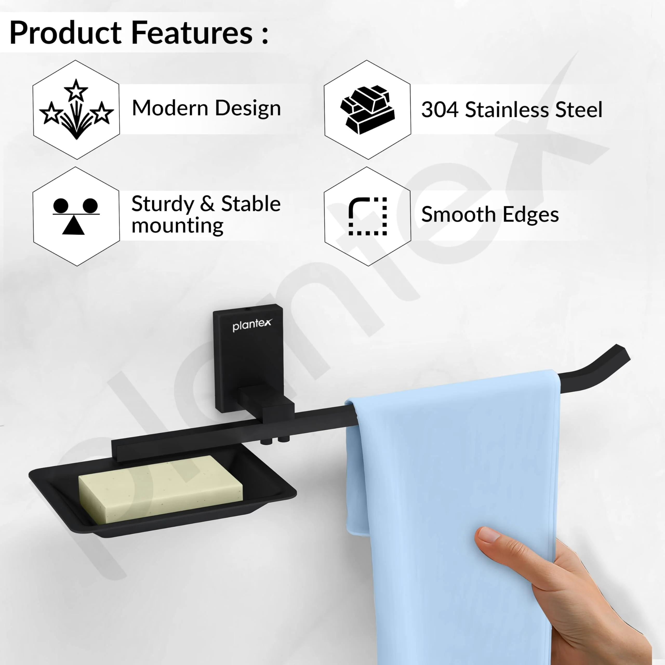 Plantex 304 Grade Stainless Steel Soap Dish with Napkin Ring/Soap Stand/Soap Holder/Napkin Holder/Towel Hanger for Bathroom/Bathroom Accessories - Pack of 1 (Crystal, Black) - Image 2