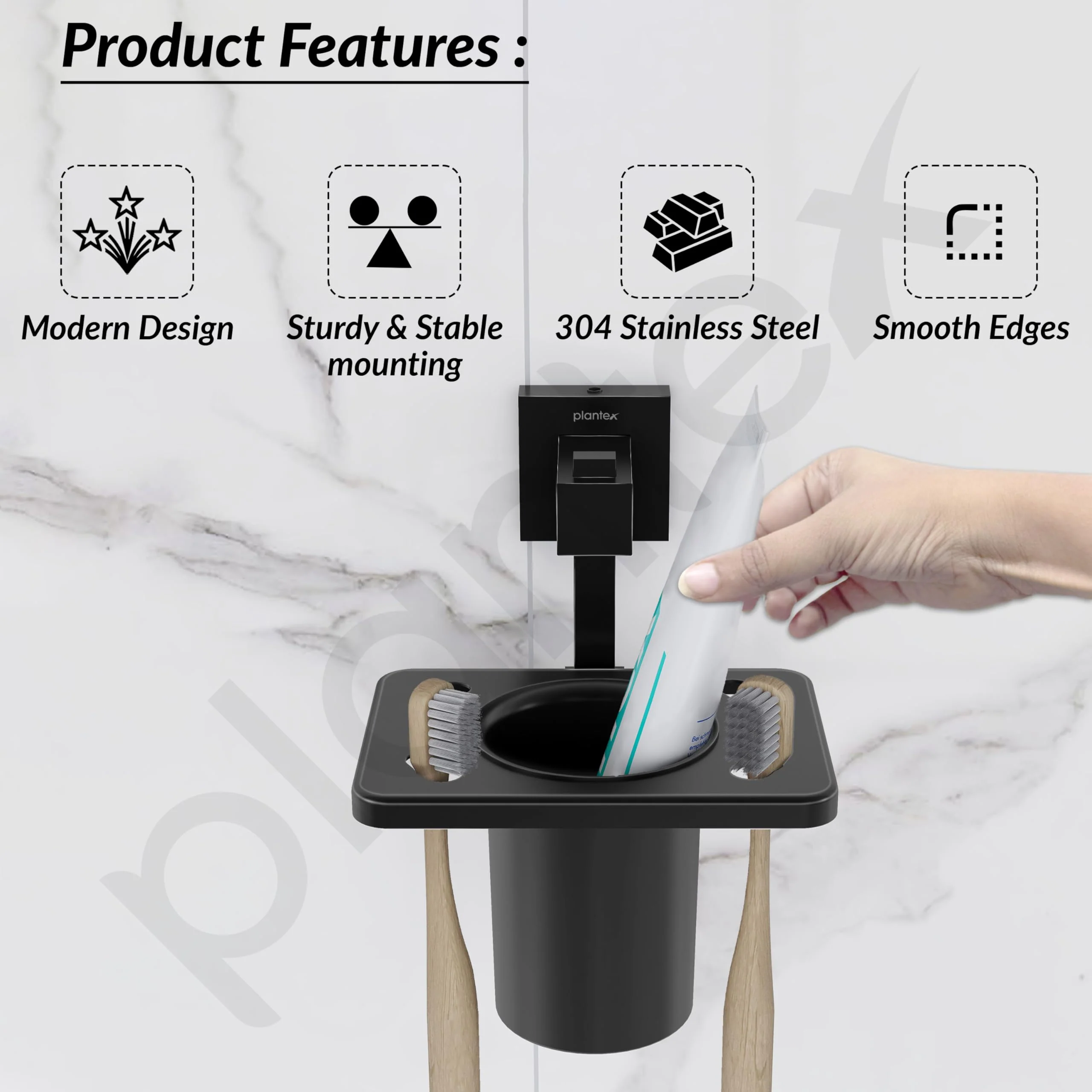 Plantex 304 Grade Stainless Steel Tooth Brush Holder/Tumbler Holder/Bathroom Accessories - Splash (Black) - Image 2