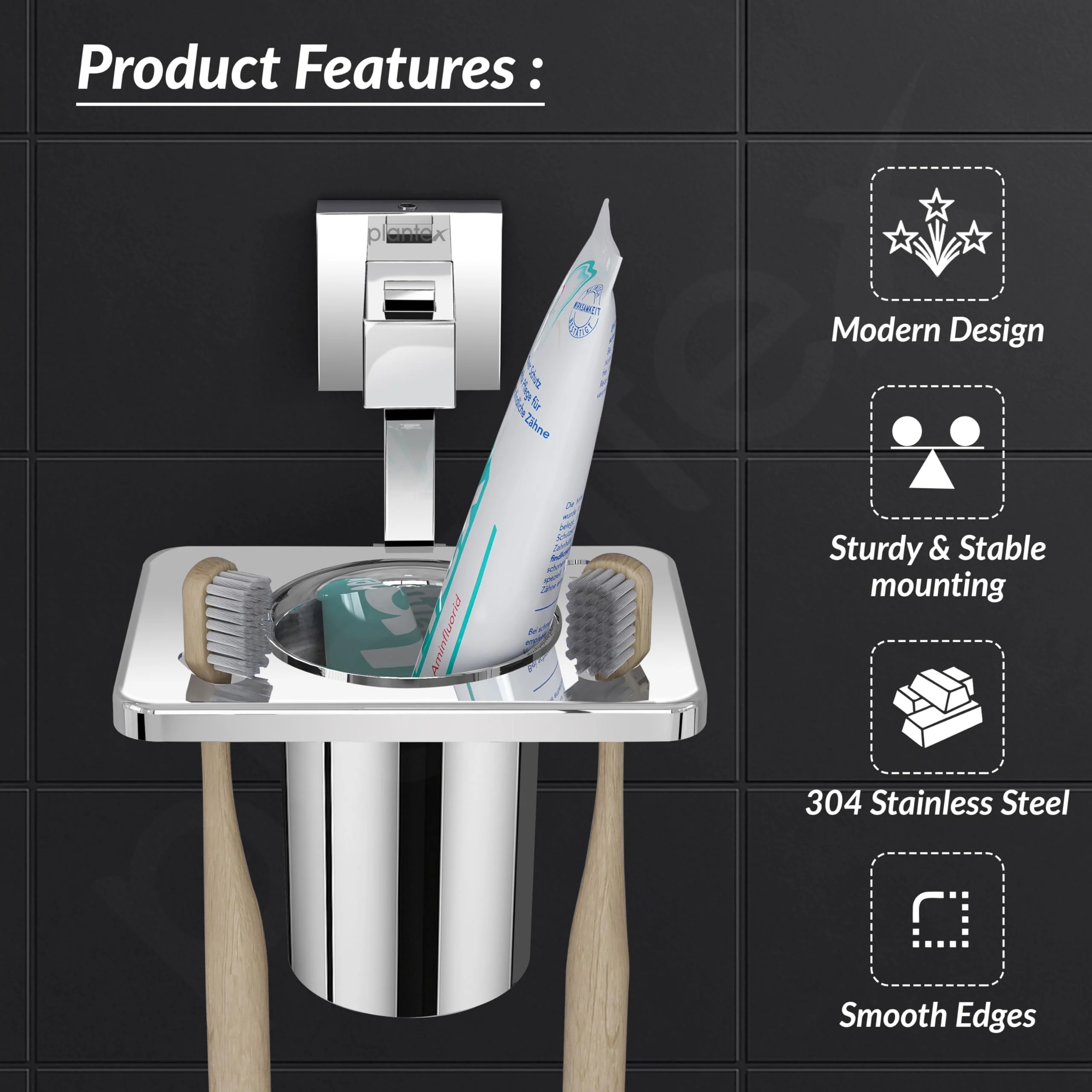Plantex 304 Grade Stainless Steel Tooth Brush Holder/Tumbler Holder/Bathroom Accessories - Splash (Chrome) - Image 2