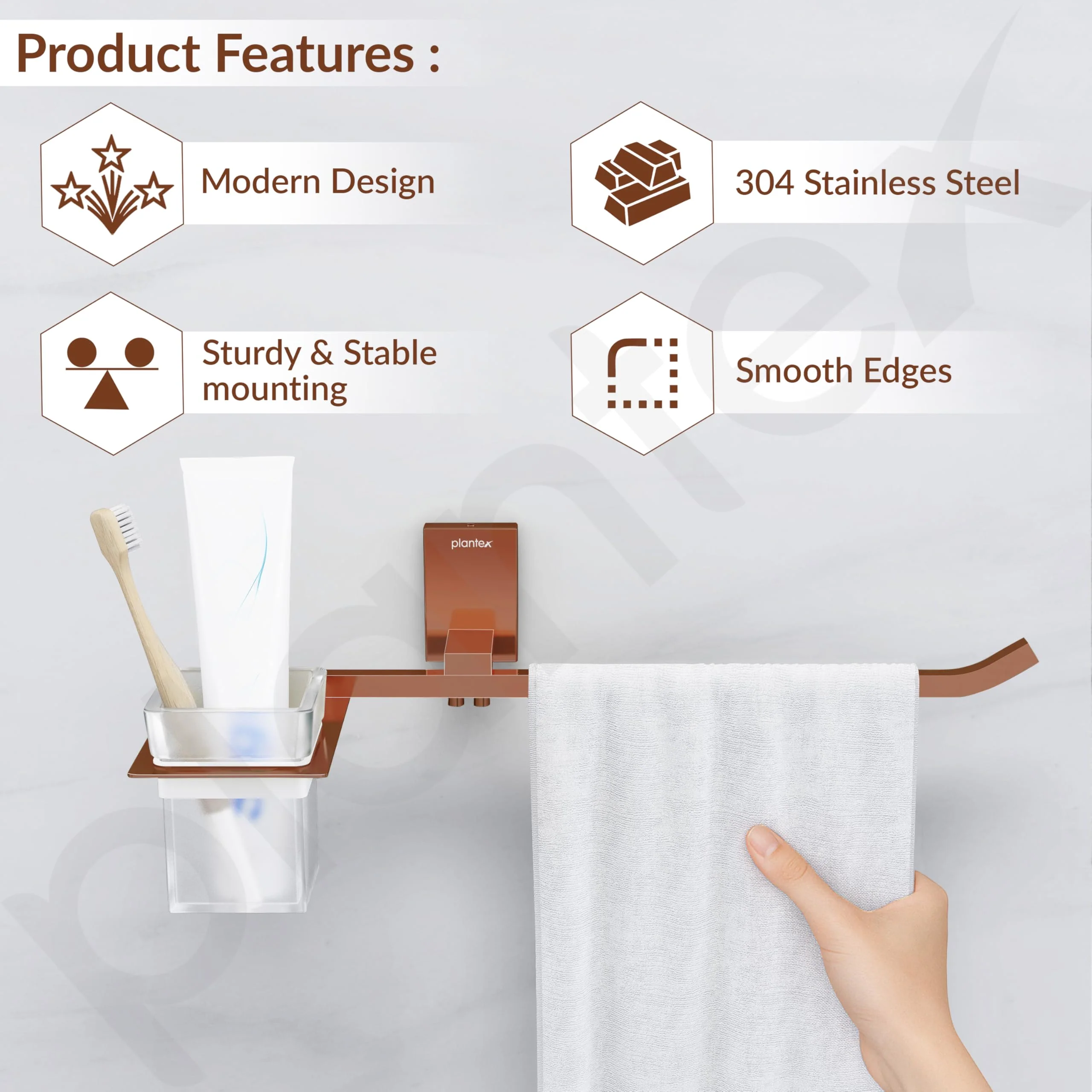 Plantex 304 Grade Stainless Steel Towel Ring with Tumbler Holder/Wash Basin Towel Hanger/Toothbrush HolderBathroom Accessories (Crystal - PVD Rose Gold) - Image 2