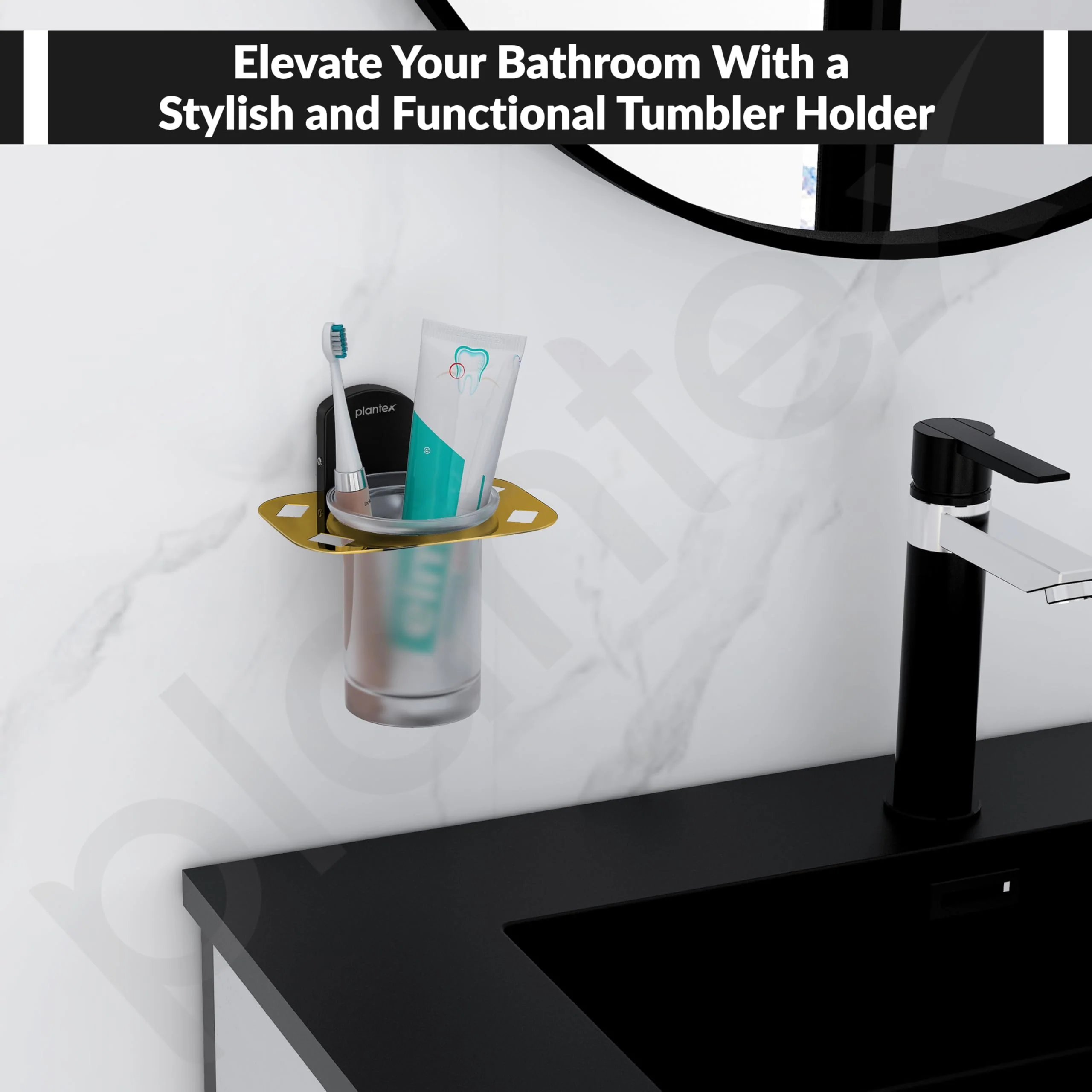 Plantex 304 Grade Stainless Steel Tumbler Holder/Tooth Brush Holder for Bathroom/Bathroom Accessories - Parv (Gold & Black) - Image 6