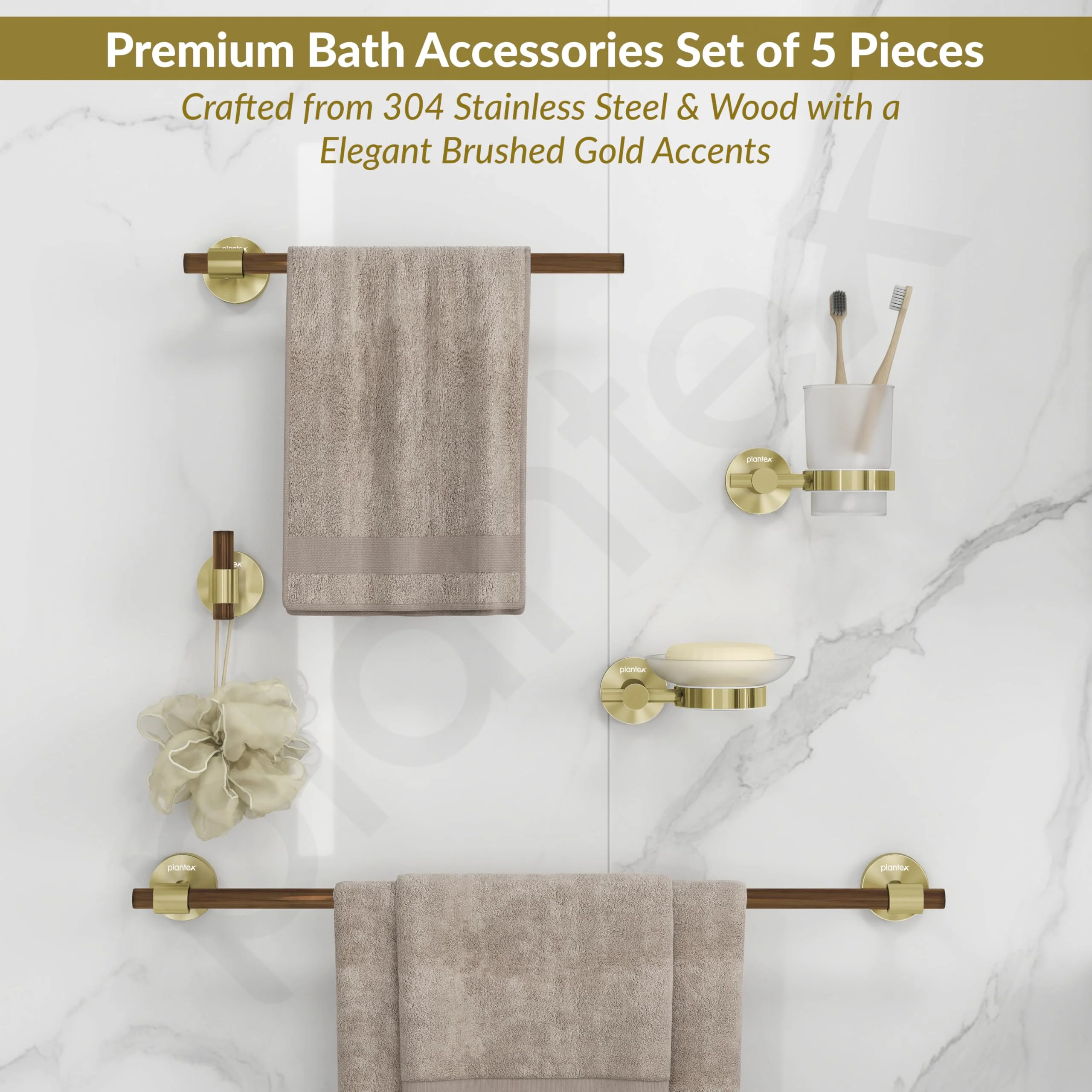 Plantex 304 Stainless Steel and Wood Bathroom Set/Glass Soap Holder & Tumbler Holder/Towel Rod/Napkin Hanger for Washbasin/Robe Hook/Bathroom Accessories - Set of 5 (Gold & Wood) - Image 2
