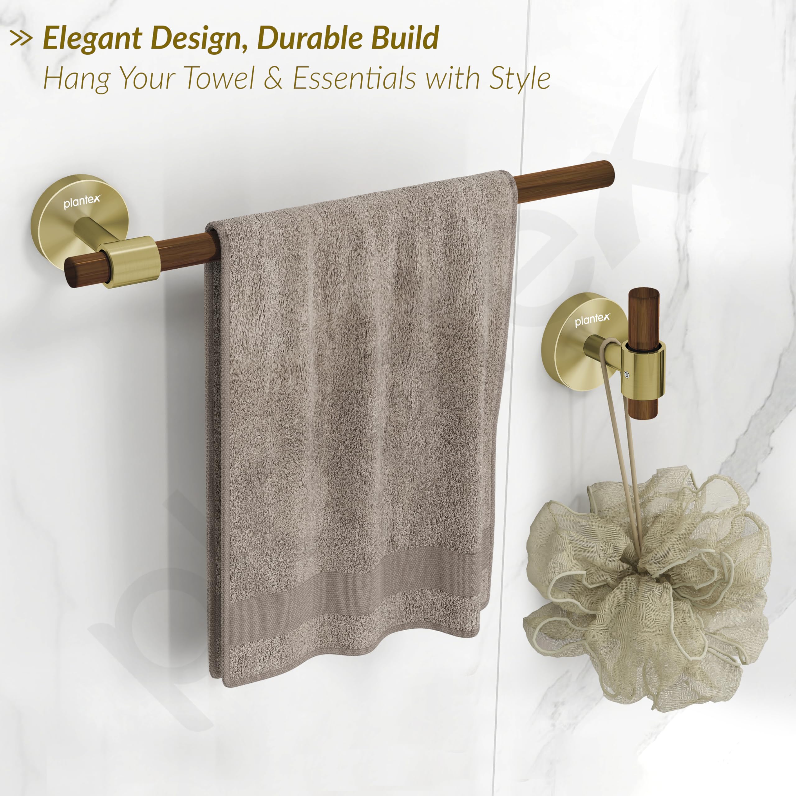 Plantex 304 Stainless Steel and Wood Bathroom Set/Glass Soap Holder & Tumbler Holder/Towel Rod/Napkin Hanger for Washbasin/Robe Hook/Bathroom Accessories - Set of 5 (Gold & Wood) - Image 5
