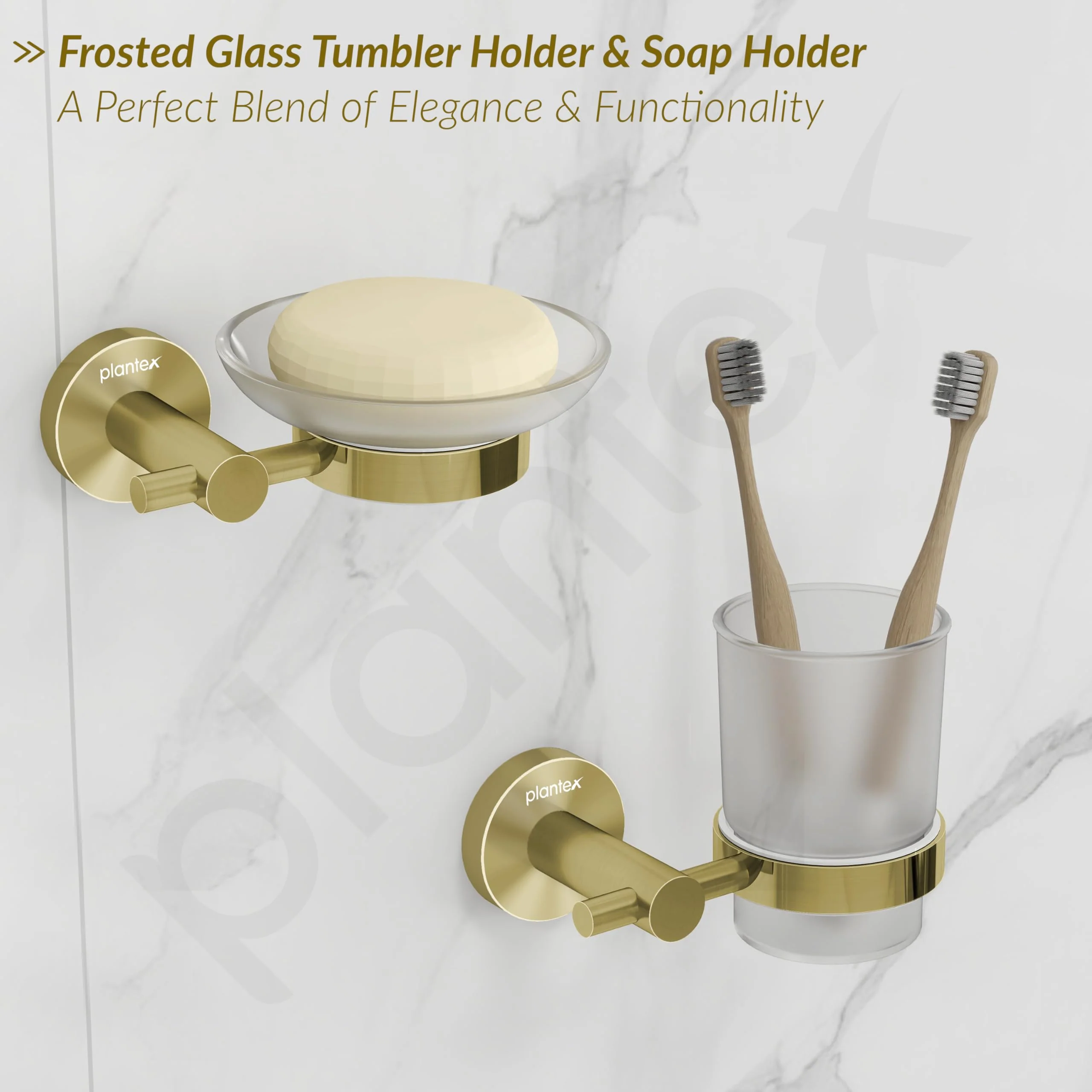 Plantex 304 Stainless Steel and Wood Bathroom Set/Glass Soap Holder & Tumbler Holder/Towel Rod/Napkin Hanger for Washbasin/Robe Hook/Bathroom Accessories - Set of 5 (Gold & Wood) - Image 6