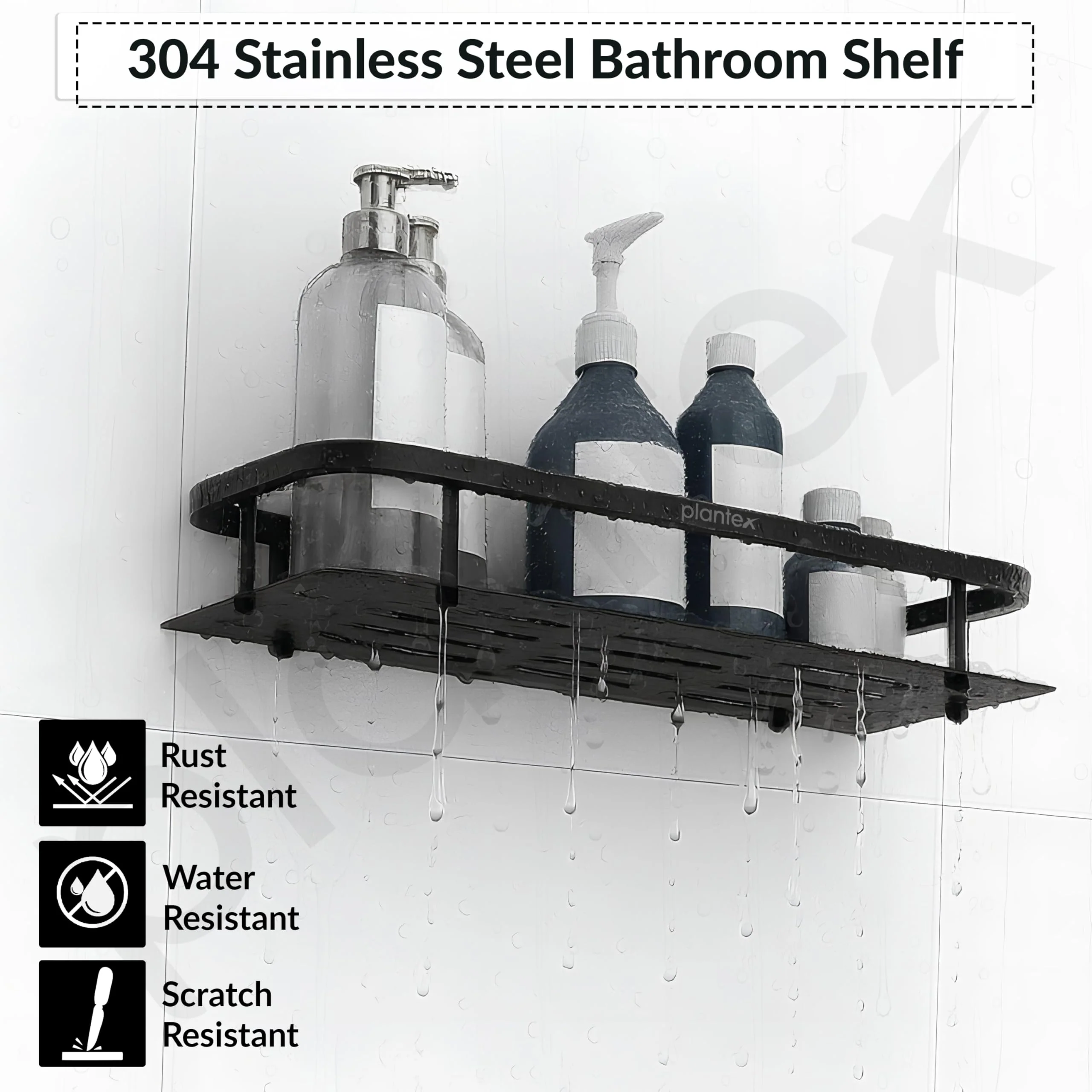 Plantex 304 Stainless Steel Bathroom Shelf/Wall Mounted Shelf for Bathroom/Kitchen Wall Shelf/Washroom Accessories Set- Pack of 2 (15X5 Inches-Black Finish) - Image 3