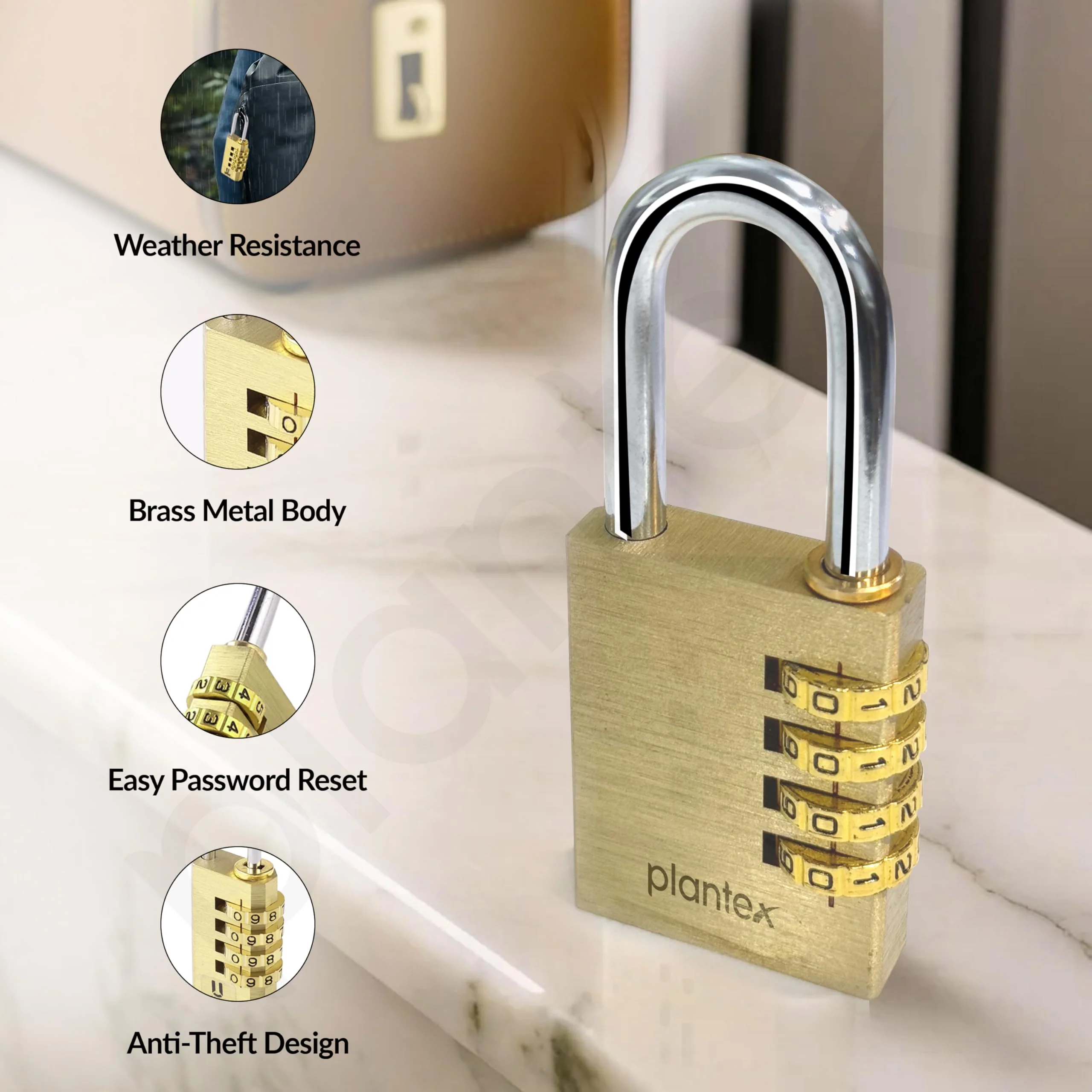 Plantex 4-Digit Code Combination Brass Lock/Number Lock/Portable Luggage Locks for Briefcase/Laptop Bags - Pack of 1 (Medium, Brass Antique) - Image 5