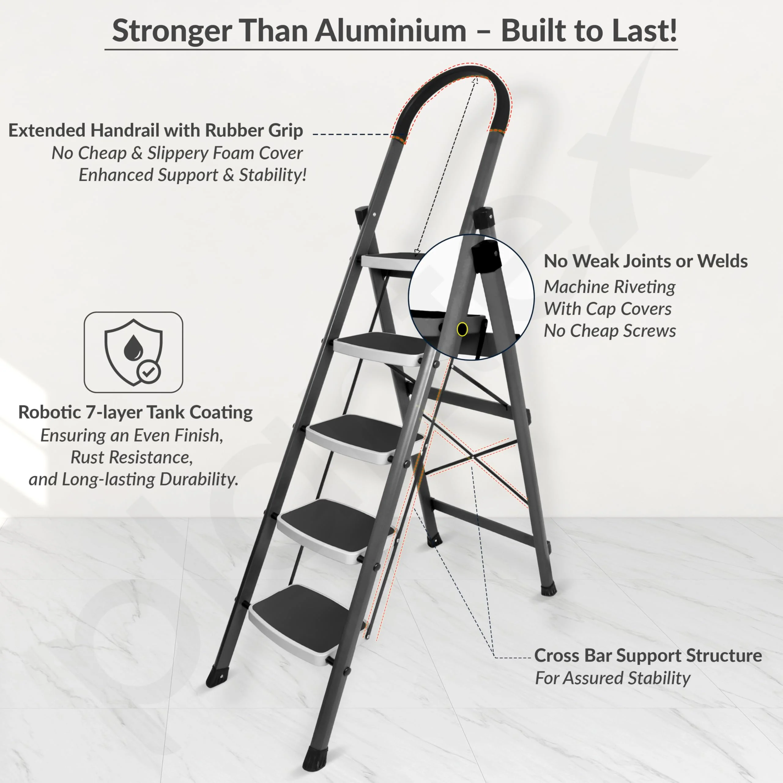 Plantex 5 Step Ladder - Foldable Steel -Wide Anti Skid Steps - 5 Year Manufacturer Warranty(Gray & White) - Image 4