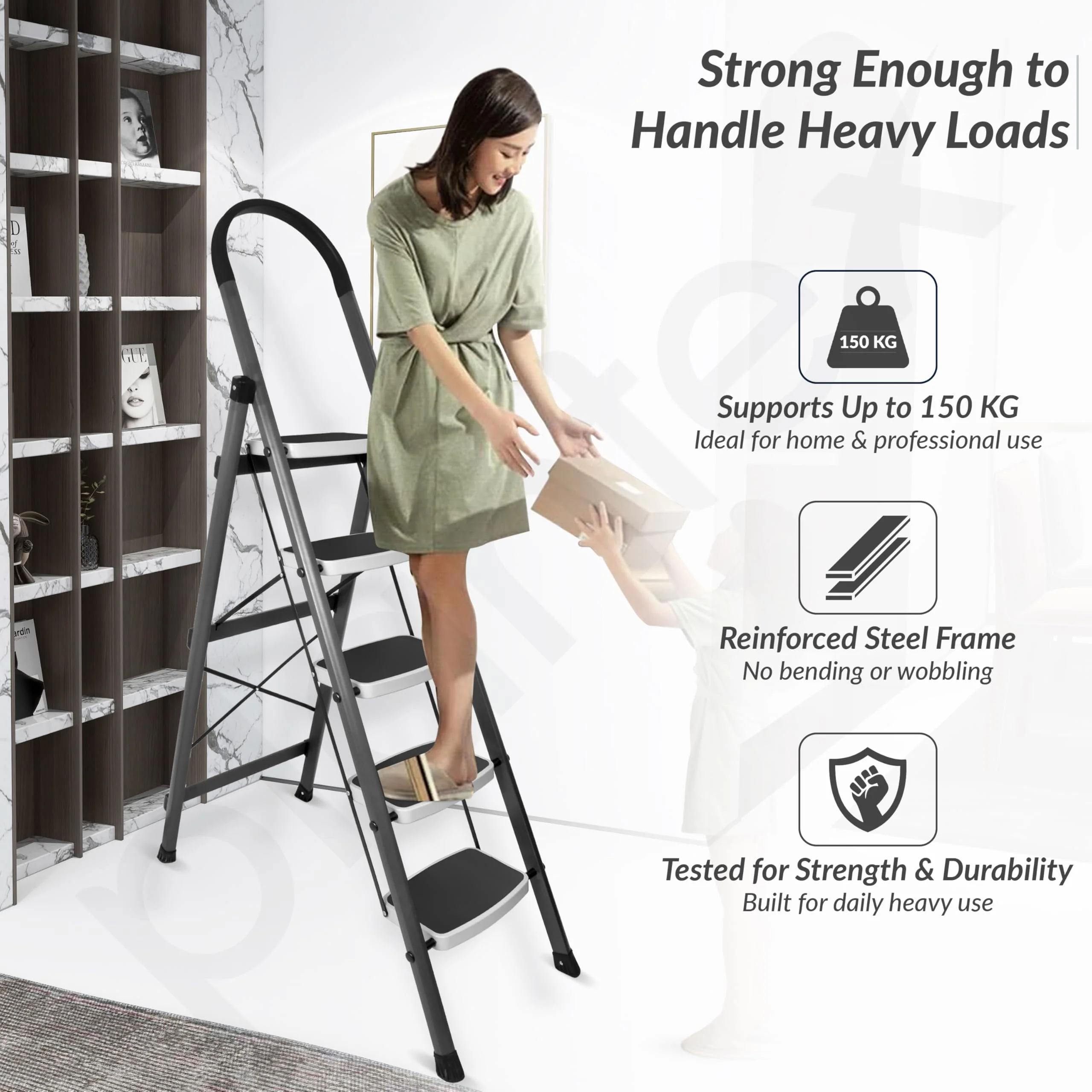 Plantex 5 Step Ladder - Foldable Steel -Wide Anti Skid Steps - 5 Year Manufacturer Warranty(Gray & White) - Image 6