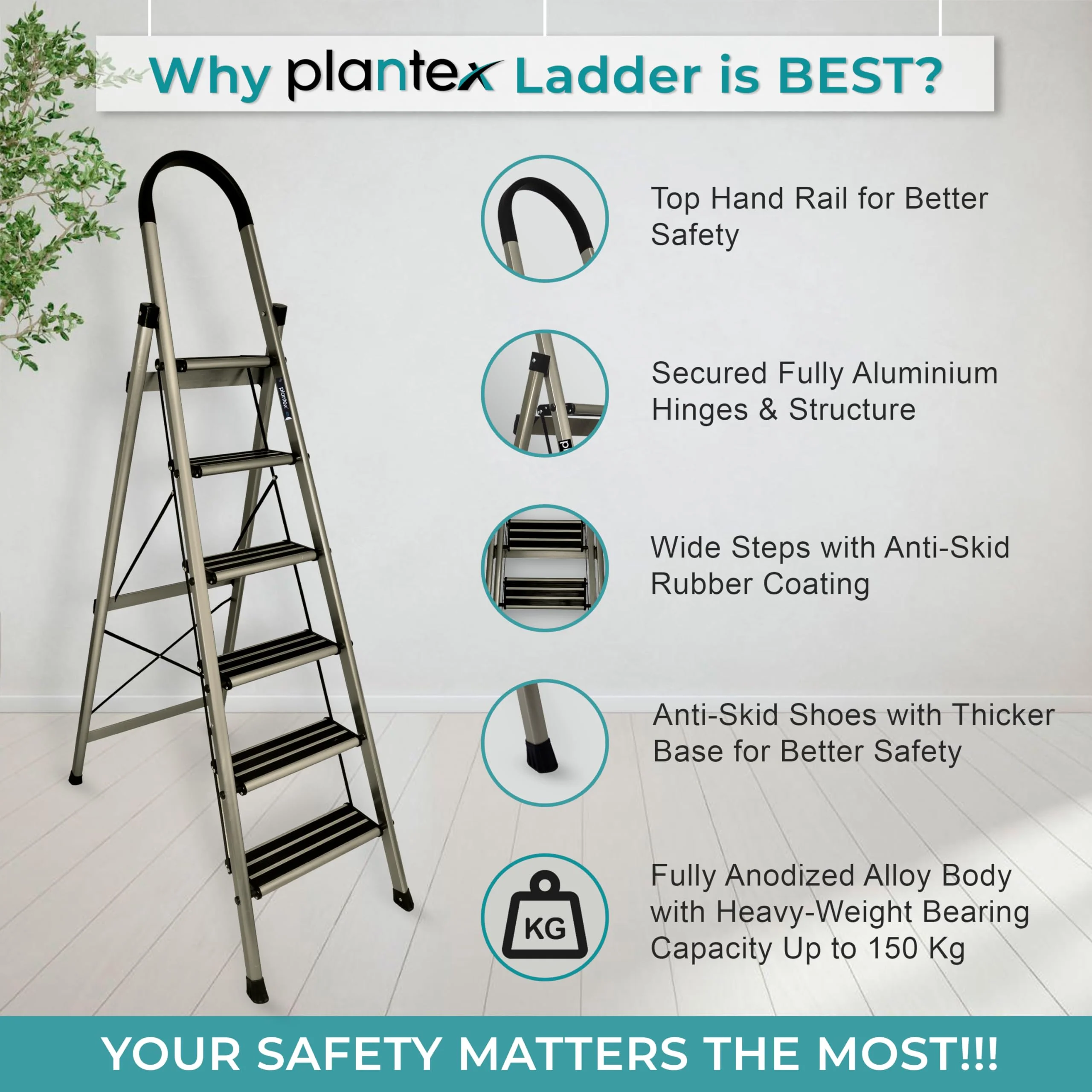 Plantex 6 Step Ladder for Home/Aluminium Foldable Ladder/Wide Anti Skid Steps/Strong Wide Steps Ladder (Anodize Coated-Gold) - Image 2
