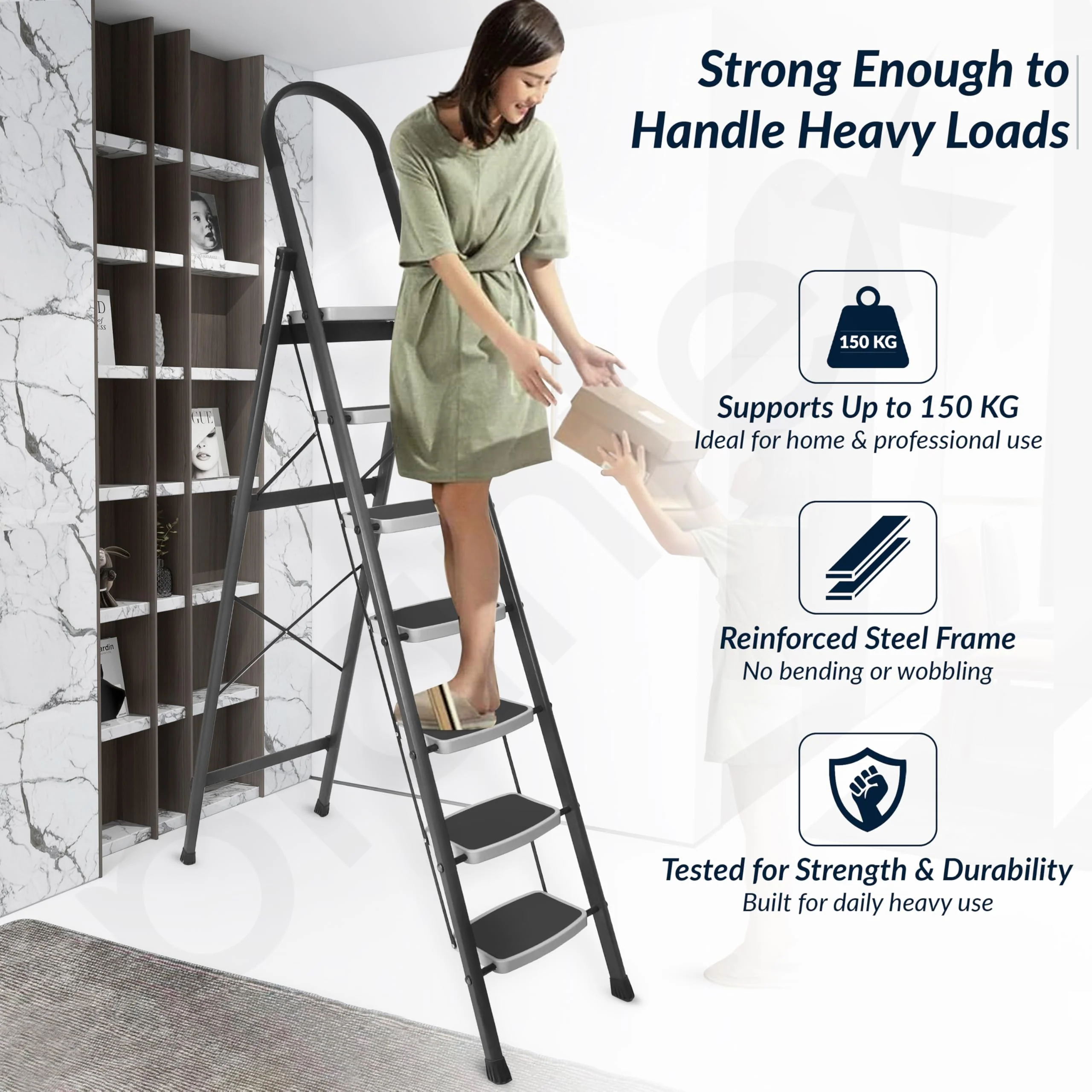 Plantex 7 Step Ladder-Foldable Steel -Wide Anti Skid Steps/5-Year Manufacturer Warranty(Grey & White) - Image 6