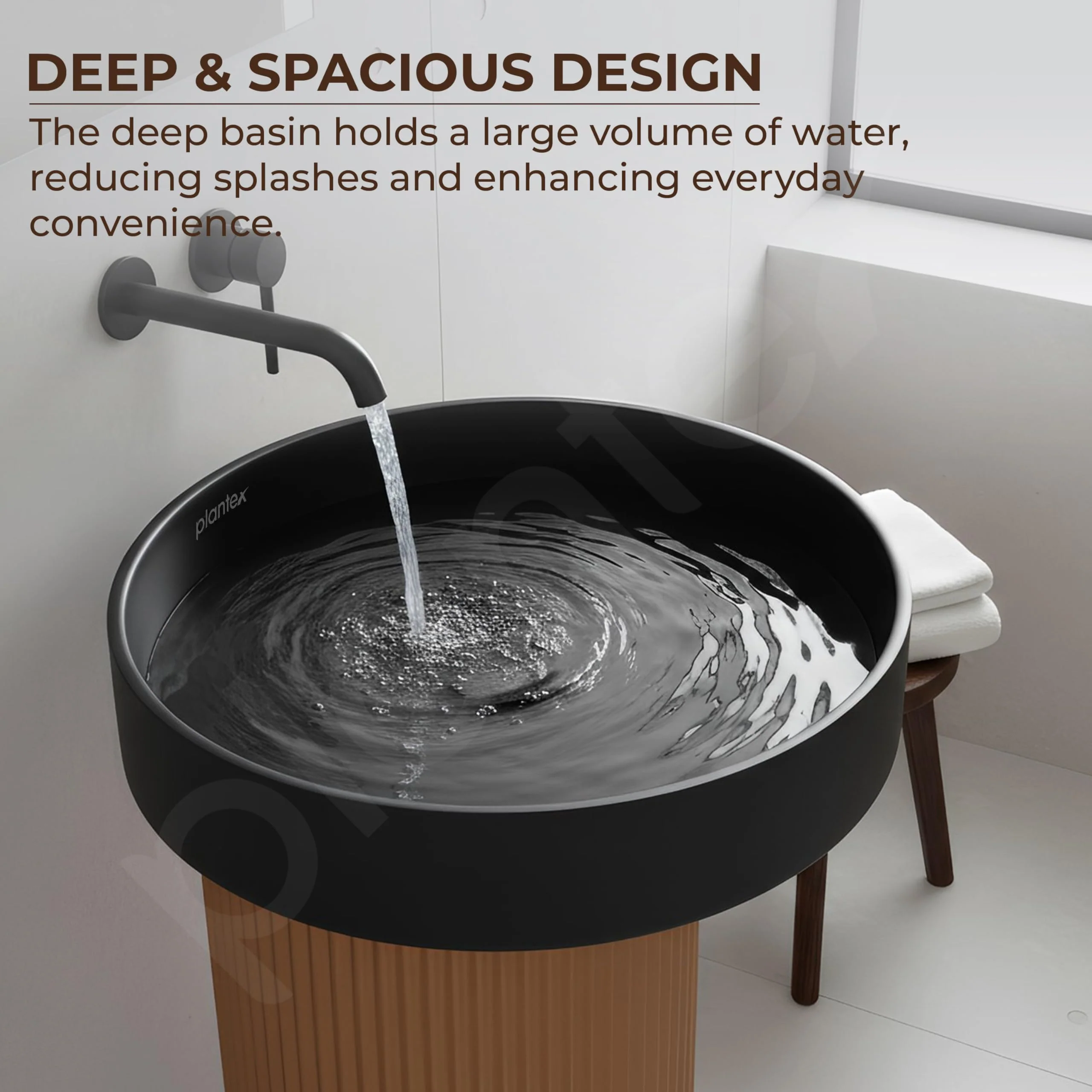 Plantex Acrylic Resin & Quartz Pedestal Basin for Bathroom/One Piece Pedestal Free Standing Round Wash Basin for living Room/Hotel (Black & Gold) - Image 6