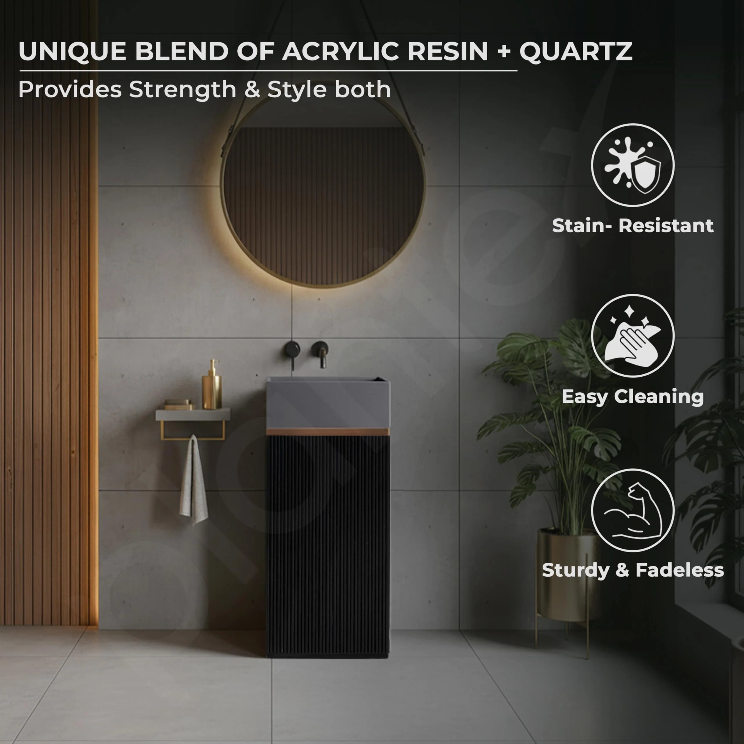 Plantex Acrylic Resin & Quartz Pedestal Basin for Bathroom/One Piece Pedestal Free Standing Square Wash Basin for living Room/Hotel (Grey & Black) - Image 2
