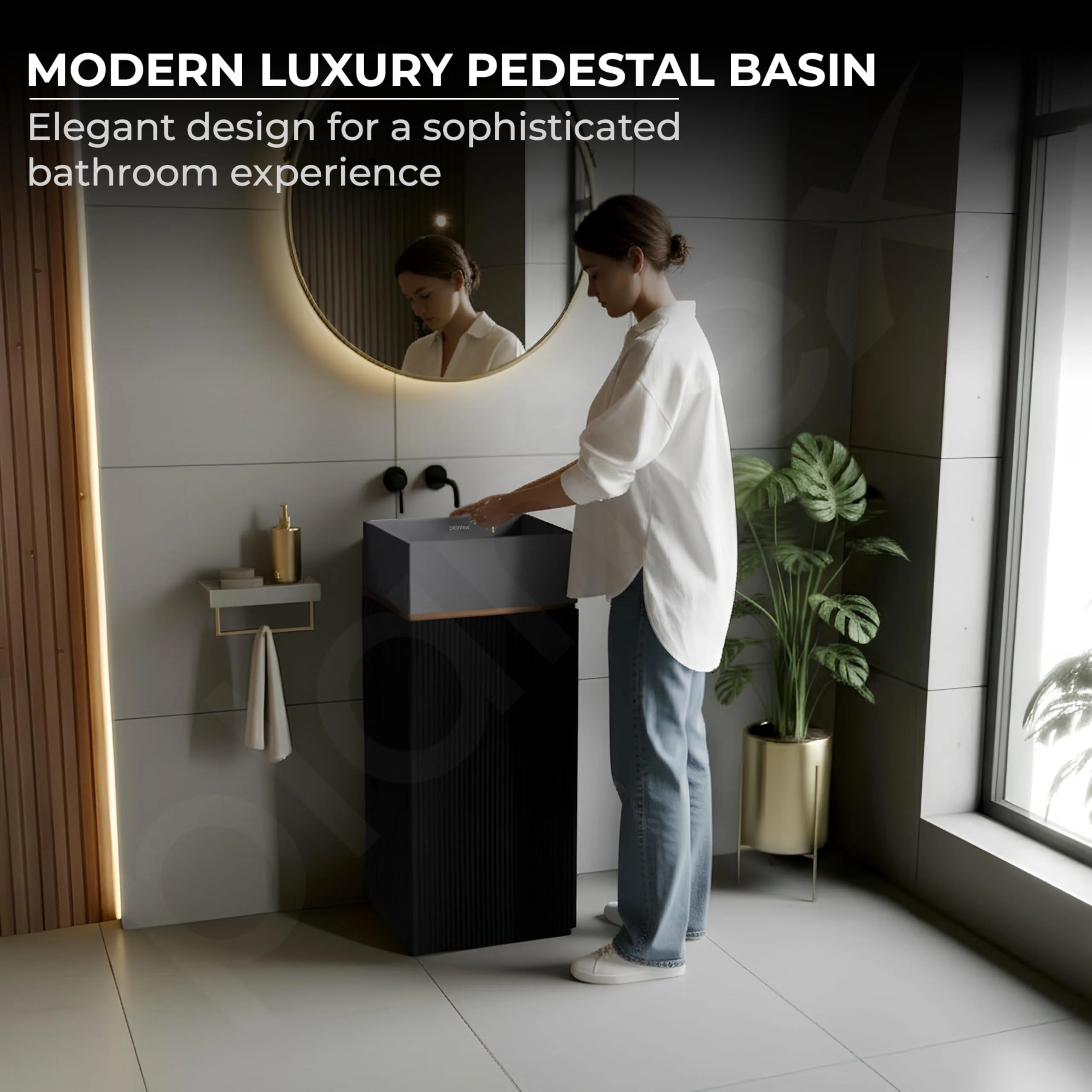 Plantex Acrylic Resin & Quartz Pedestal Basin for Bathroom/One Piece Pedestal Free Standing Square Wash Basin for living Room/Hotel (Grey & Black) - Image 6