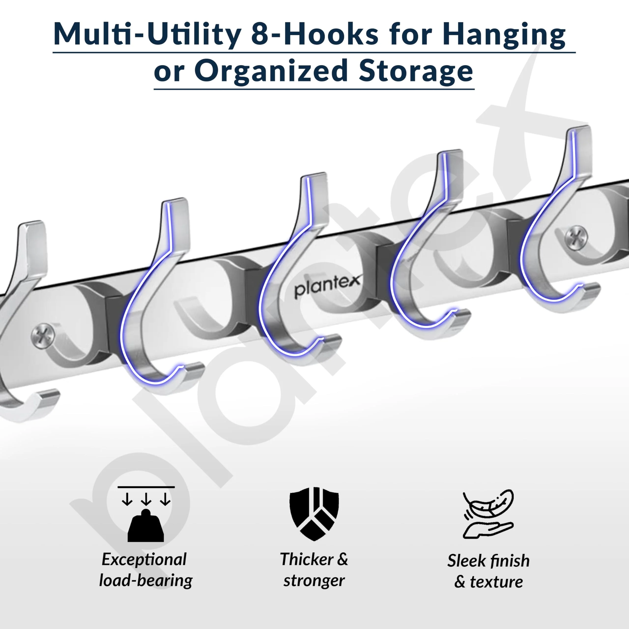 Plantex Aluminium Cloth Hanger Wall Mounted with 8 Hooks for Bathroom/Kitchen - Cloth Hanger/Towel Hanger/Keys Holder - Pack of 2 (8 Hooks, Chrome) - Image 2
