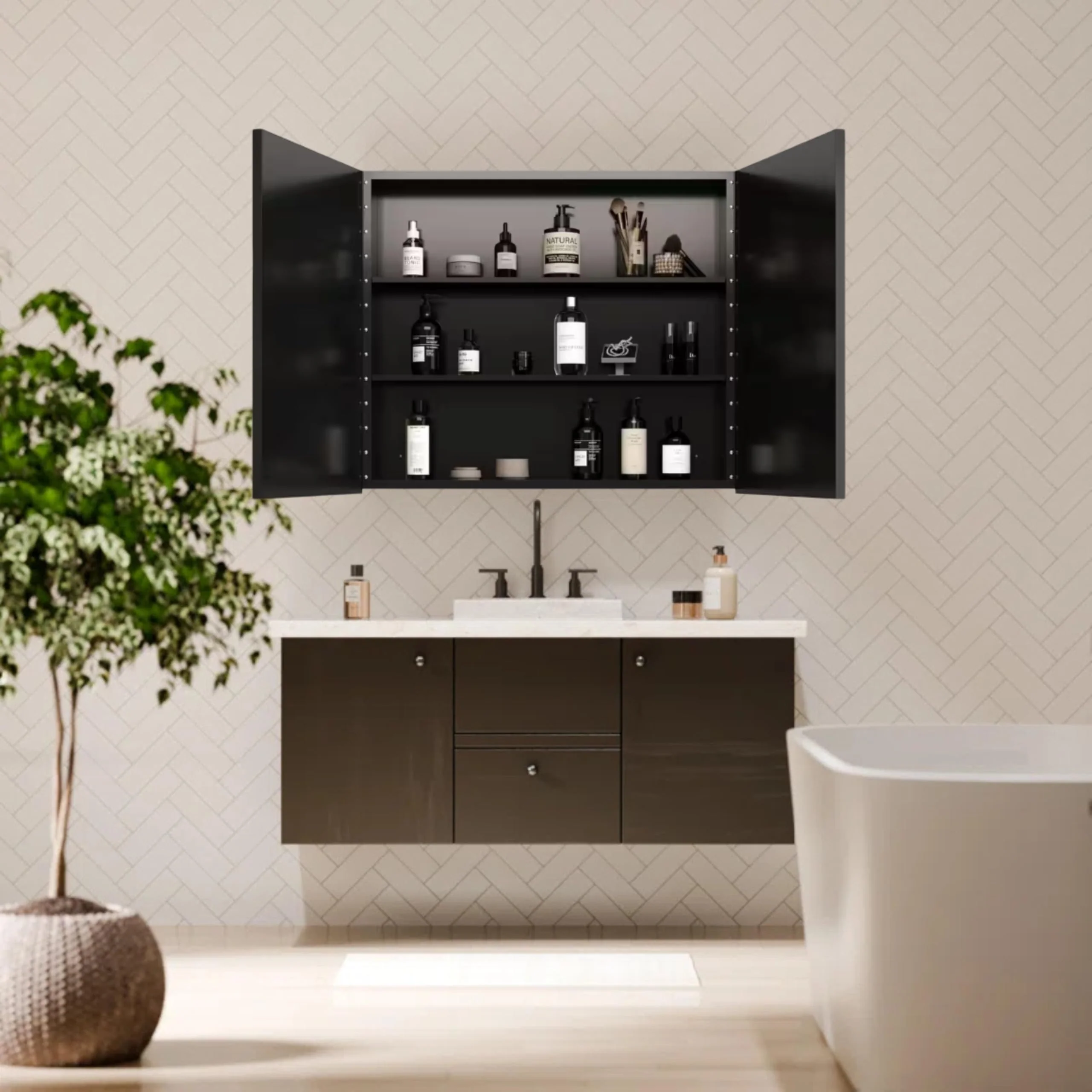 Plantex Aluminium Framed Bathroom Mirror with Storage/Double Door Heavy-Duty Steel Body Bathroom Shelf for Wall with Mirror - 18x18 Inch, Black - Image 3