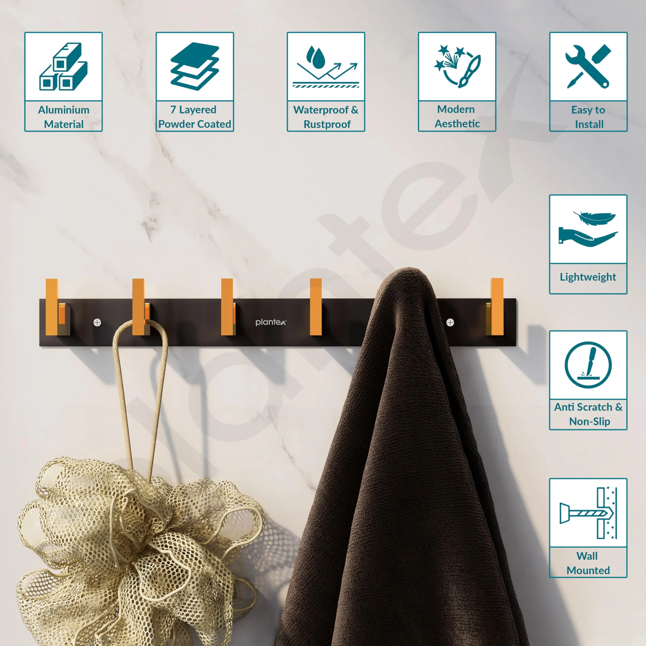 Plantex Aluminum Hook Rail with L-Shape Hook for Clothes Hanging/Hook Rail Bar for Clothes/Towel/Keys -Pack of 3 (6 Hooks/Black & Gold) - Image 4