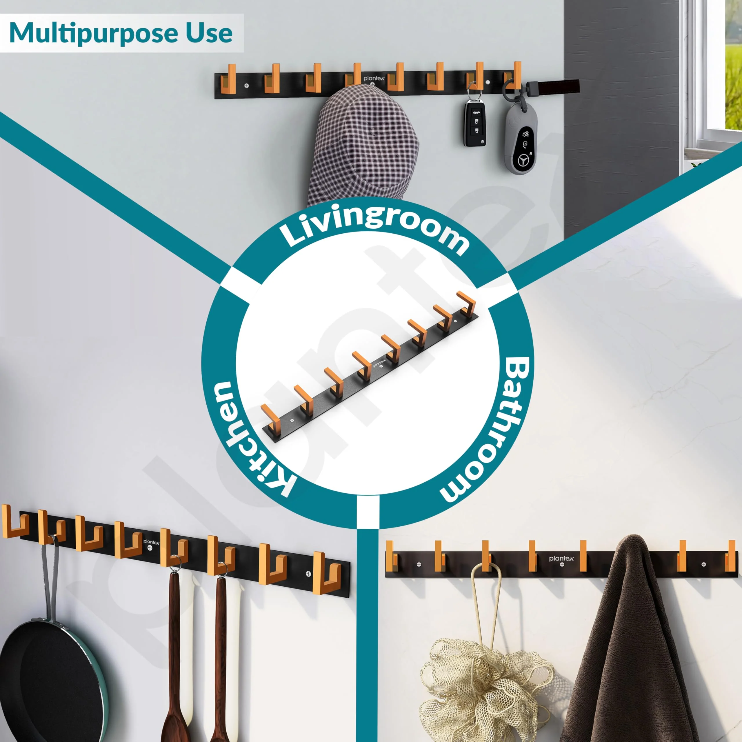 Plantex Aluminum Hook Rail with L-Shape Hooks for Walls of Bathroom/Kitchen–Hook Rail Bar for Clothes/Towel/Keys (8 Hooks, Black & Gold) - Pack of 2 - Image 5