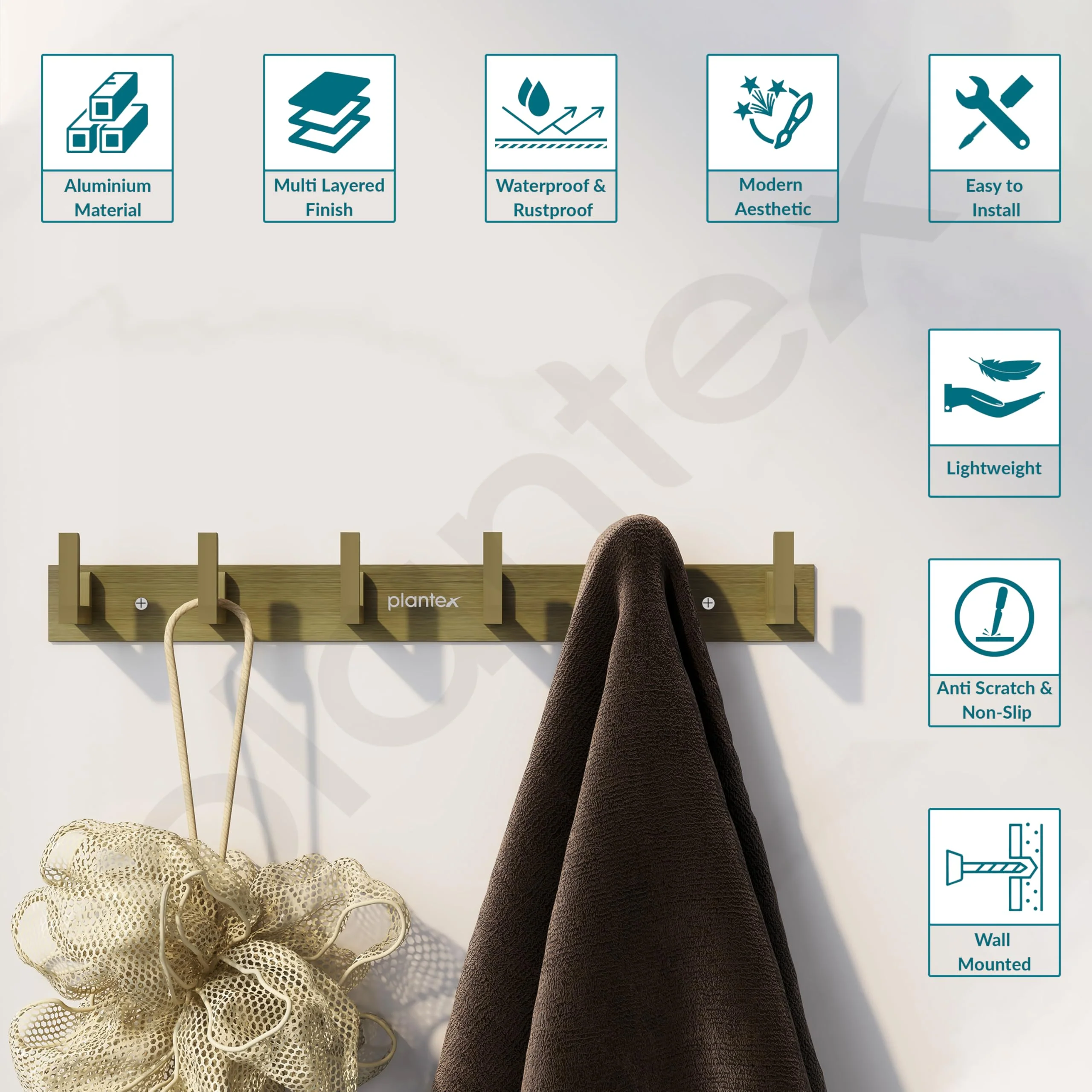 Plantex Aluminum Hook Rail with L-Shape Hooks for Walls of Bathroom/Kitchen–Hook Rail Bar for Clothes/Towel/Keys-Pack of 2 (6 Hooks, Brass Antique) - Image 4
