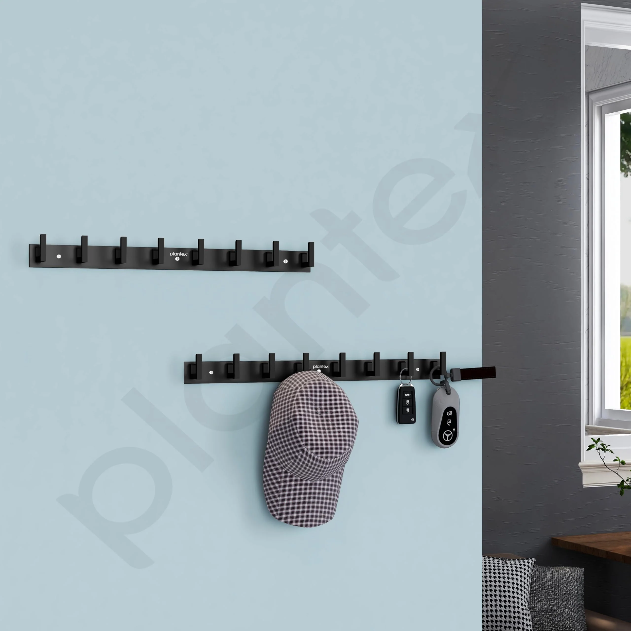 Plantex Aluminum Hook Rail with L-Shape Hooks for Walls of Bathroom/Kitchen–Hook Rail Bar for Clothes/Towel/Keys-Pack of 2 (8 Hooks, Black) - Image 2
