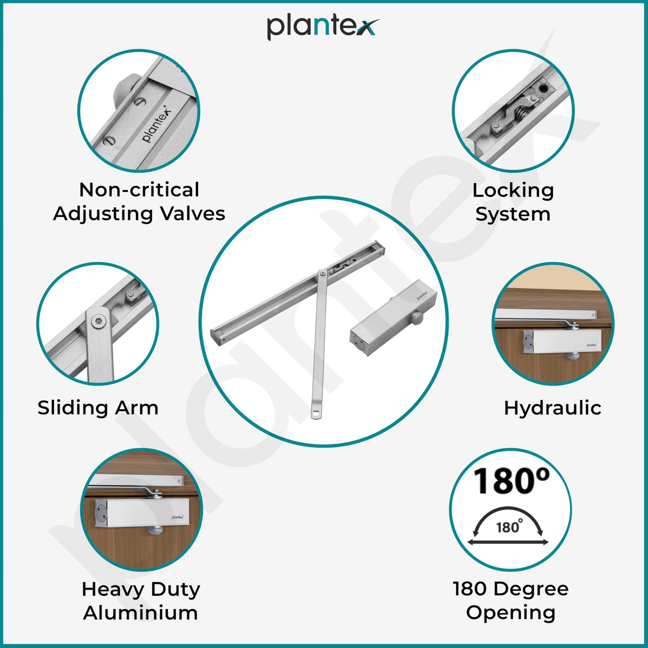 Plantex Automatic Aluminium Soft Door Closer with Double Speed for Heavy Door/Hydraulic Pelmet Arm Door Closer for Hotel-Home-Office (ISO 9001 Certified) (Capacity 120 Kg, Silver) - Image 2