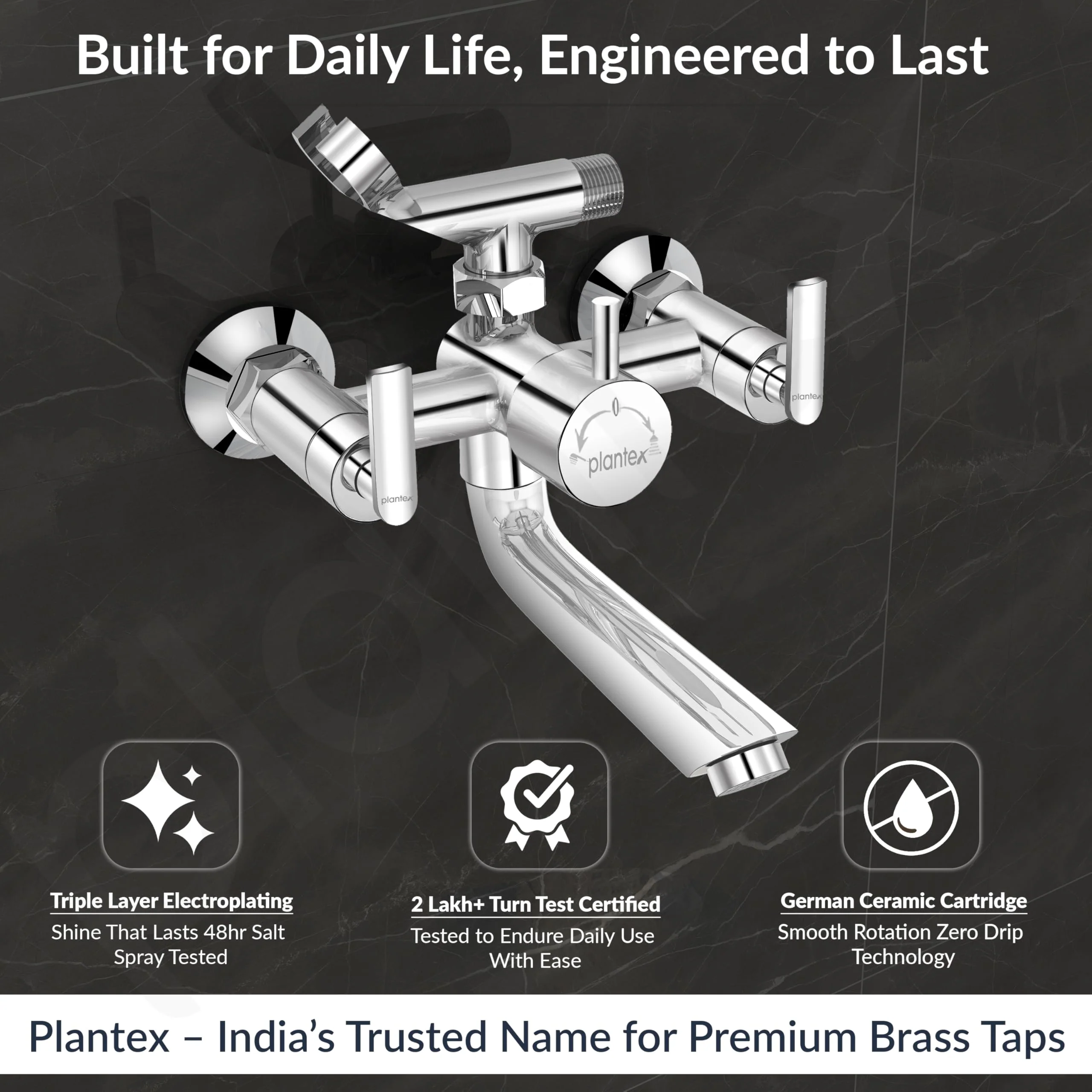 Plantex Bal-517 Pure Brass Telephonic Wall Mixer with Crutch Arranging of Hot & Cold Water with Water Saving Nozzle for Bathroom and Brass Wall Flange -7 Year Warranty -(Chrome) - Image 2