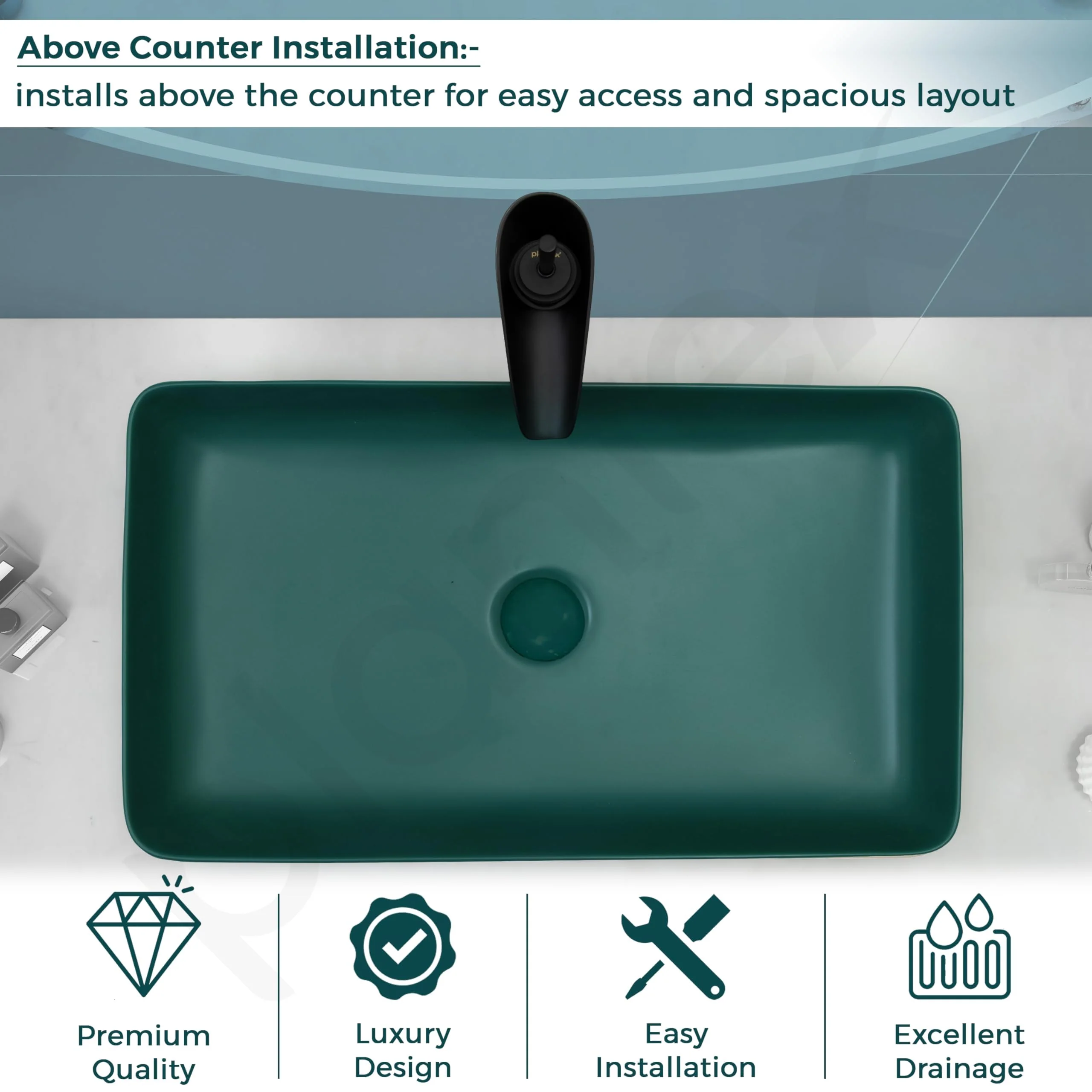 Plantex Basin for Bathroom/Ceramic Table Top Wash Basin/Over Counter Washbasin for Restaurant/Hotel (Rectangle - Matt Green, 24 x 14 x 4.5 Inch) - Image 4