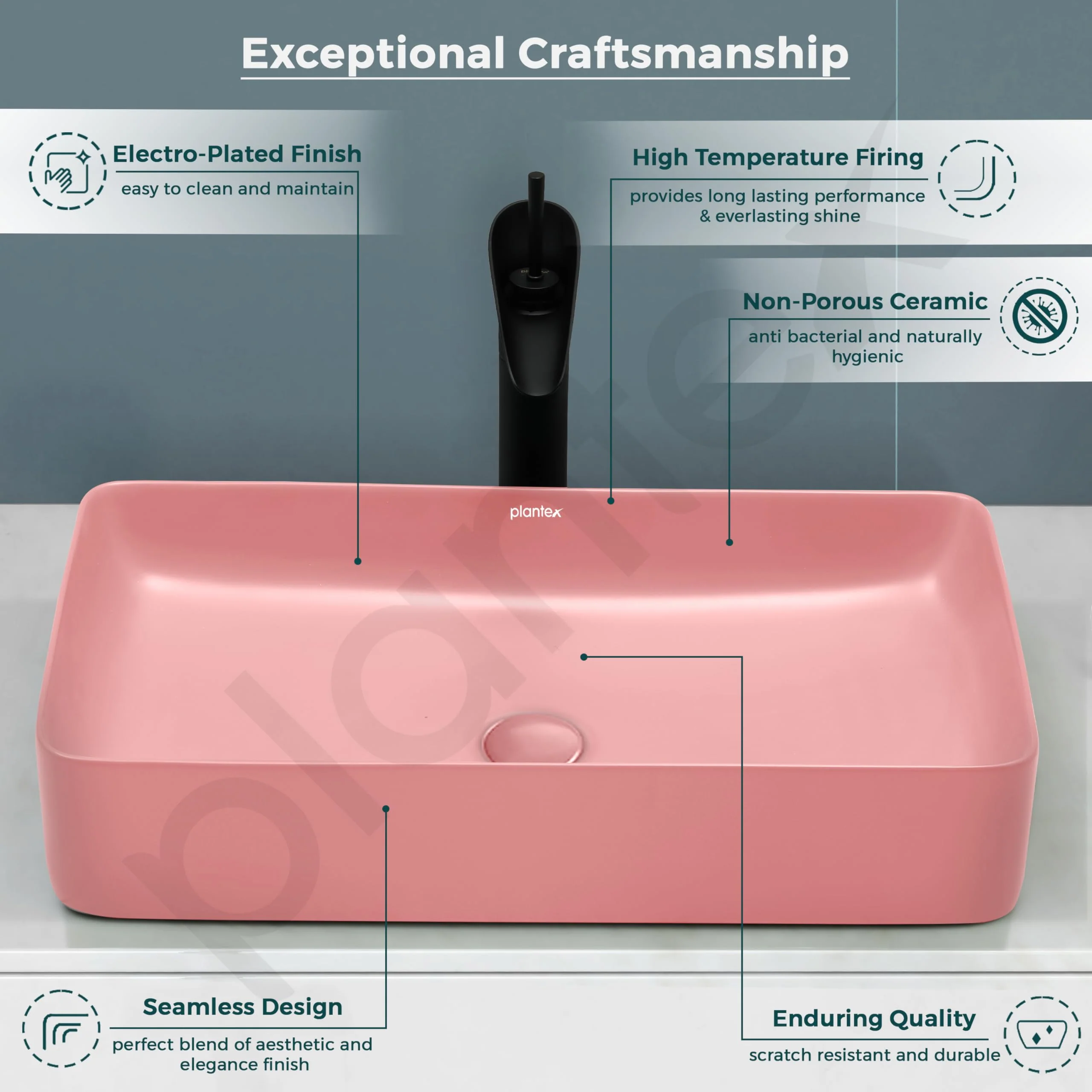 Plantex Basin for Bathroom/Ceramic Table Top Wash Basin/Over Counter Washbasin for Restaurant/Hotel (Rectangle - Matt Pink, 24 x 14 x 4.5 Inch) - Image 3