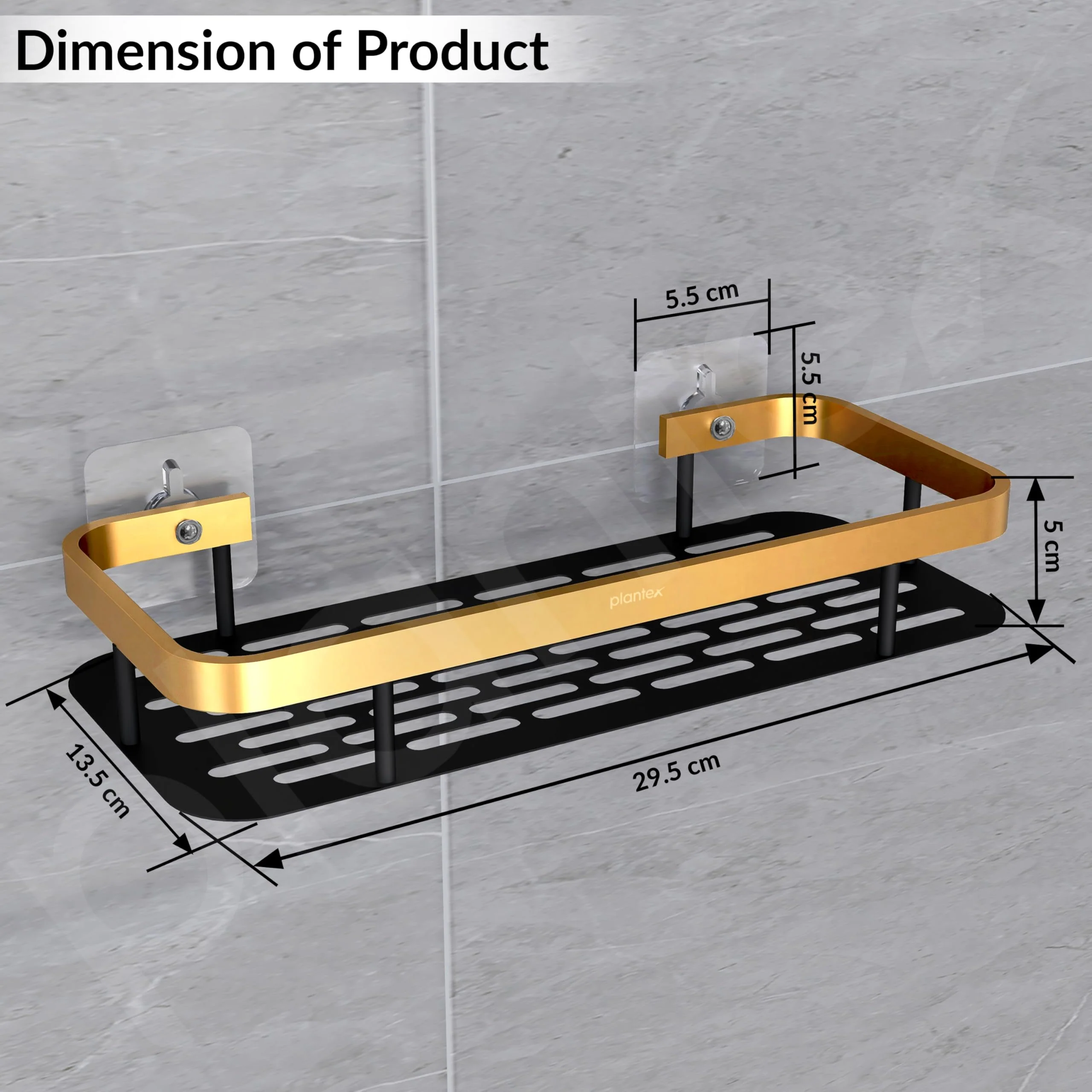 Plantex Bathroom Organiser Without Drill/Self Adhesive Stainless Steel Shelf for Bathroom with Aluminium Railing/Kitchen Shelf - Pack of 1 (12x5 inches, Gold & Black)Wall mount , Bracket shelf - Image 5