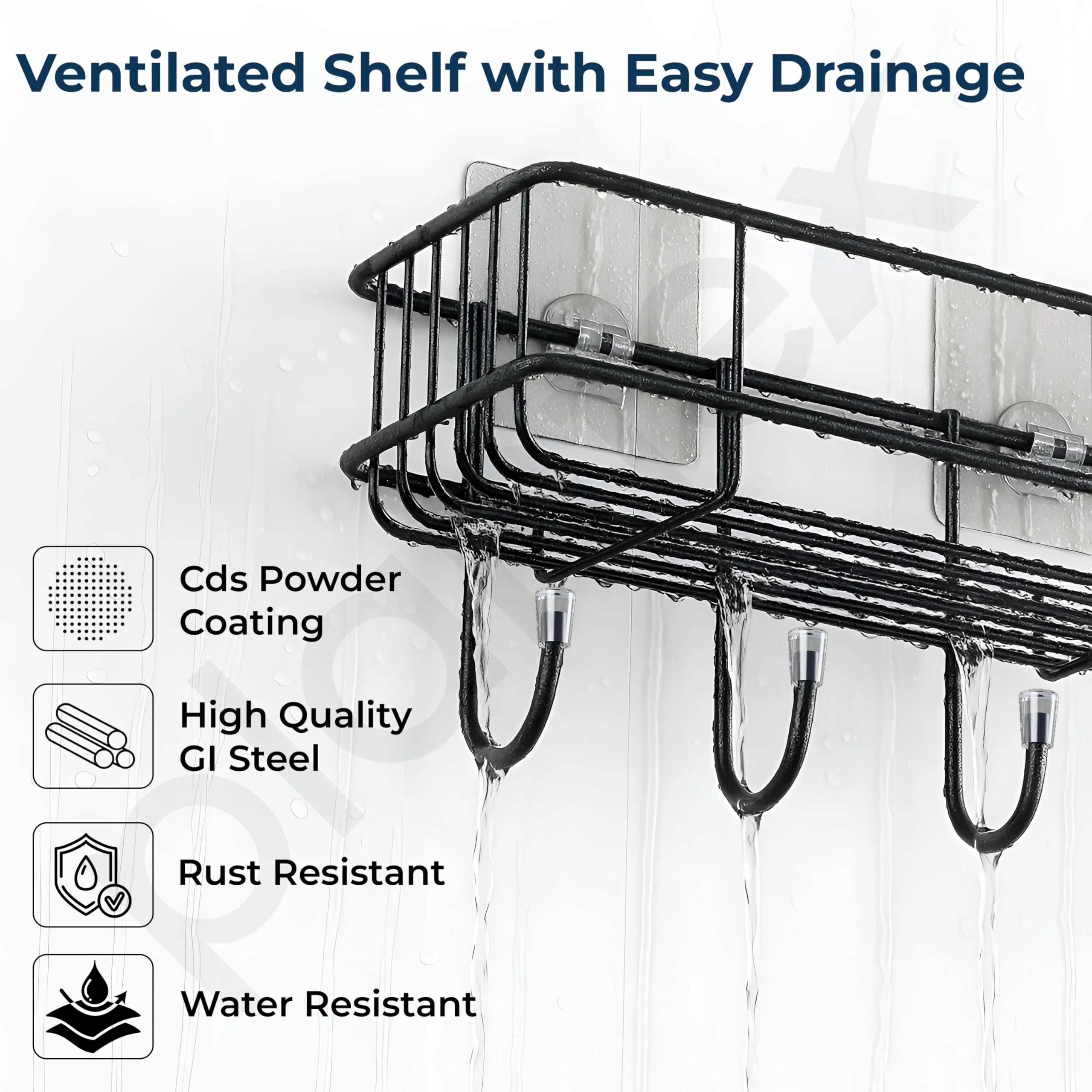 Plantex Bathroom Organizer Without Drill/GI Steel Self Adhesive Bathroom Shelf for Wall with Magic Stickers - Pack of 1 (Black, CED Powder Coated) - Image 2