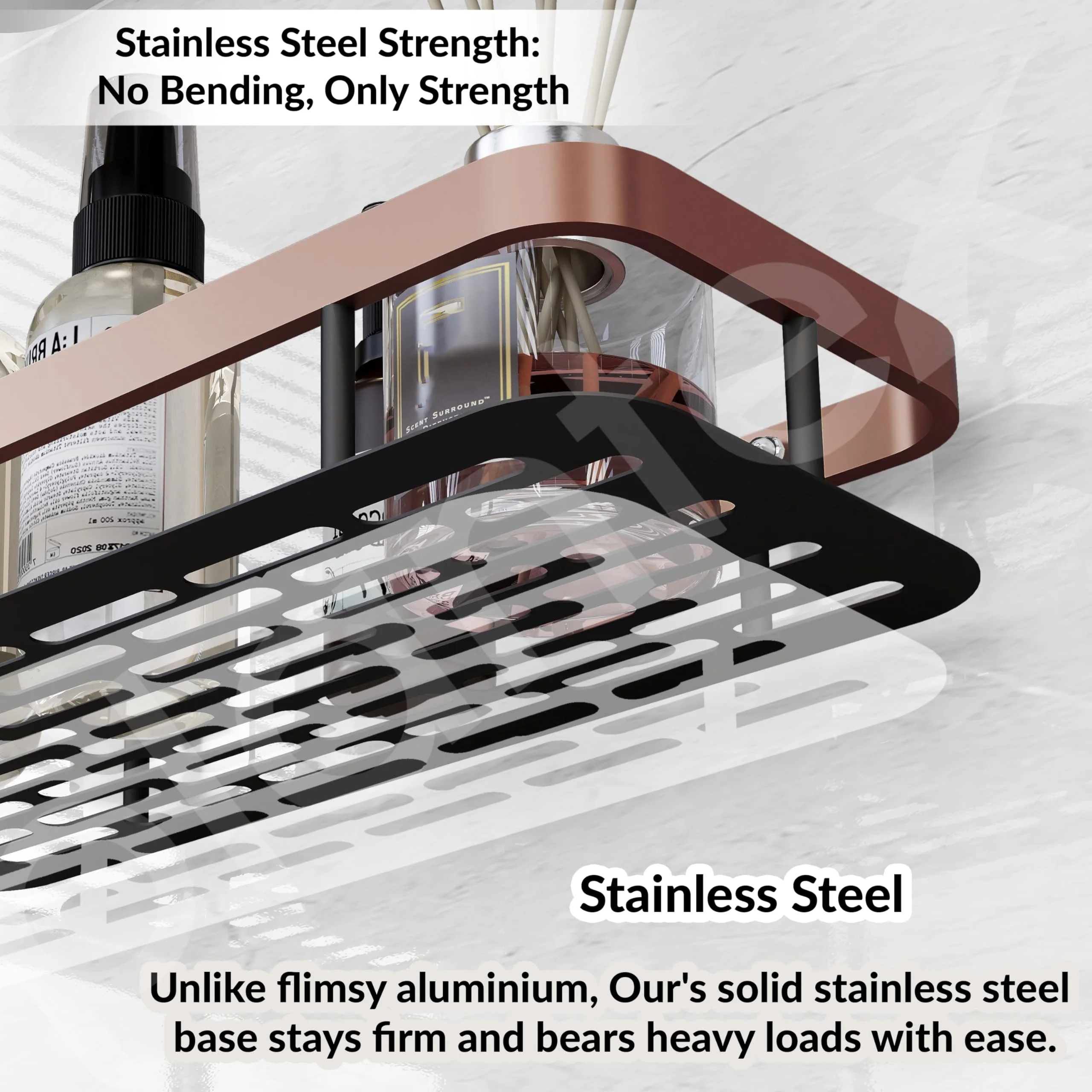 Plantex Bathroom Organizer Without Drill/Self Adhesive Stainless Steel Shelf For Bathroom with Aluminium Railing- Pack of 1 (12x5 inches, Copper & Black) Wall Mount, Bracket Shelf - Image 4