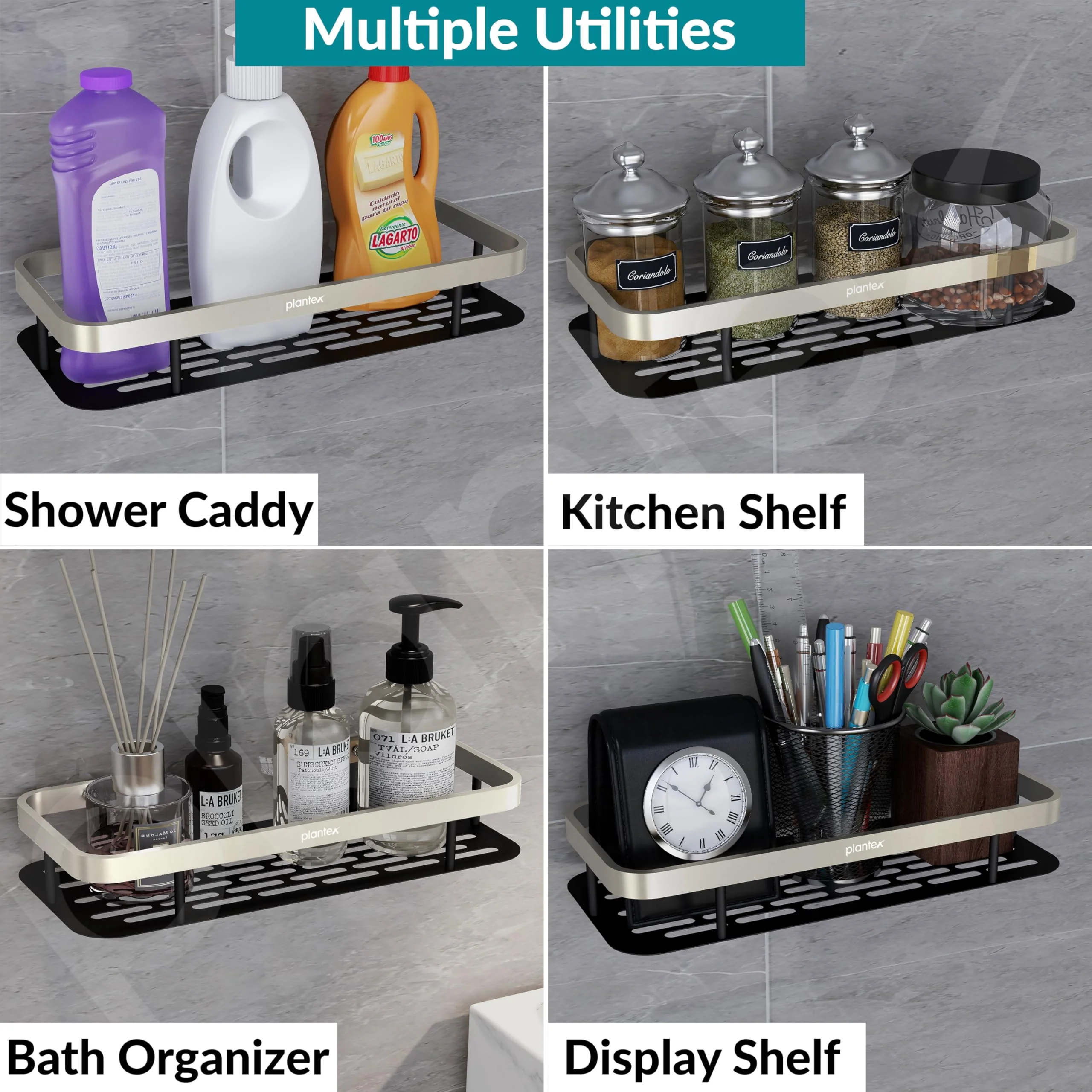 Plantex Bathroom Rack Without Drilling/Stainless Steel Bathroom Shelf for Wall with Aluminium Railing & Magic Stickers/Bathroom Accessories (12x5 inches, Satin & Black) - Image 6